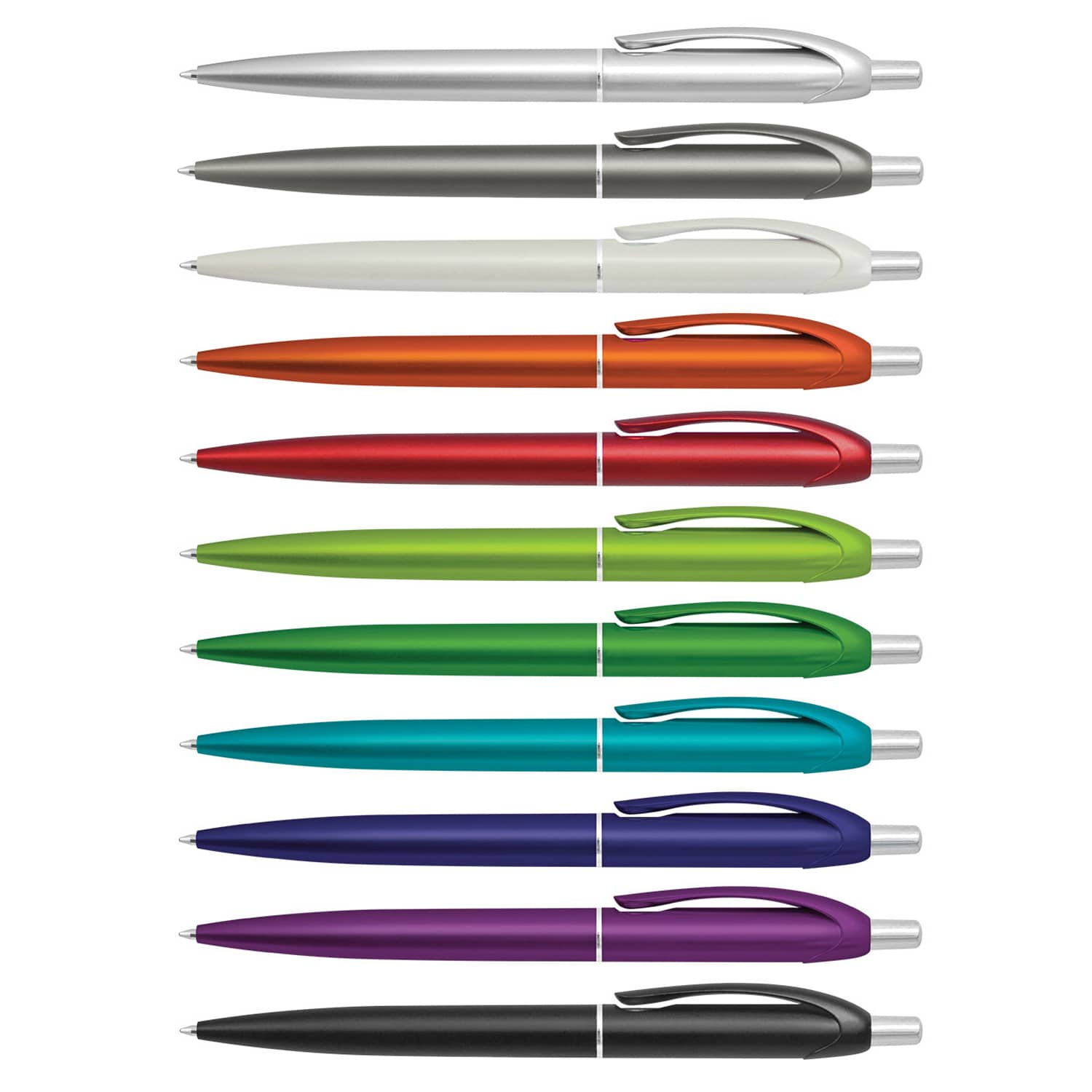 A collection of twelve plastic pens in various colours, including silver, grey, white, orange, green, and purple, featuring a logo. Gem Pen - Image 1
