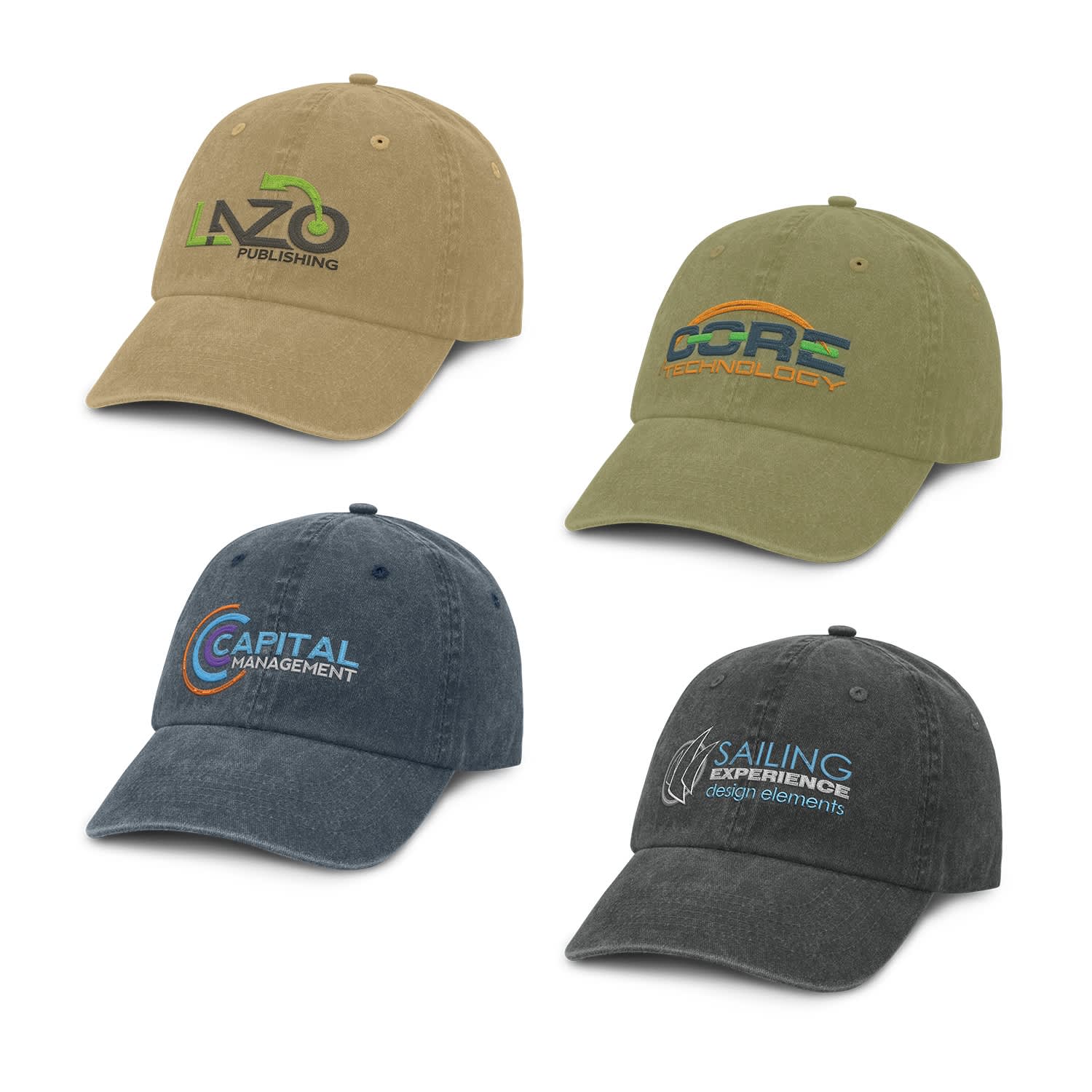 Four caps featuring different colours: tan, olive, navy, and dark green, each with a logo on the front. Faded Cap - Image 1