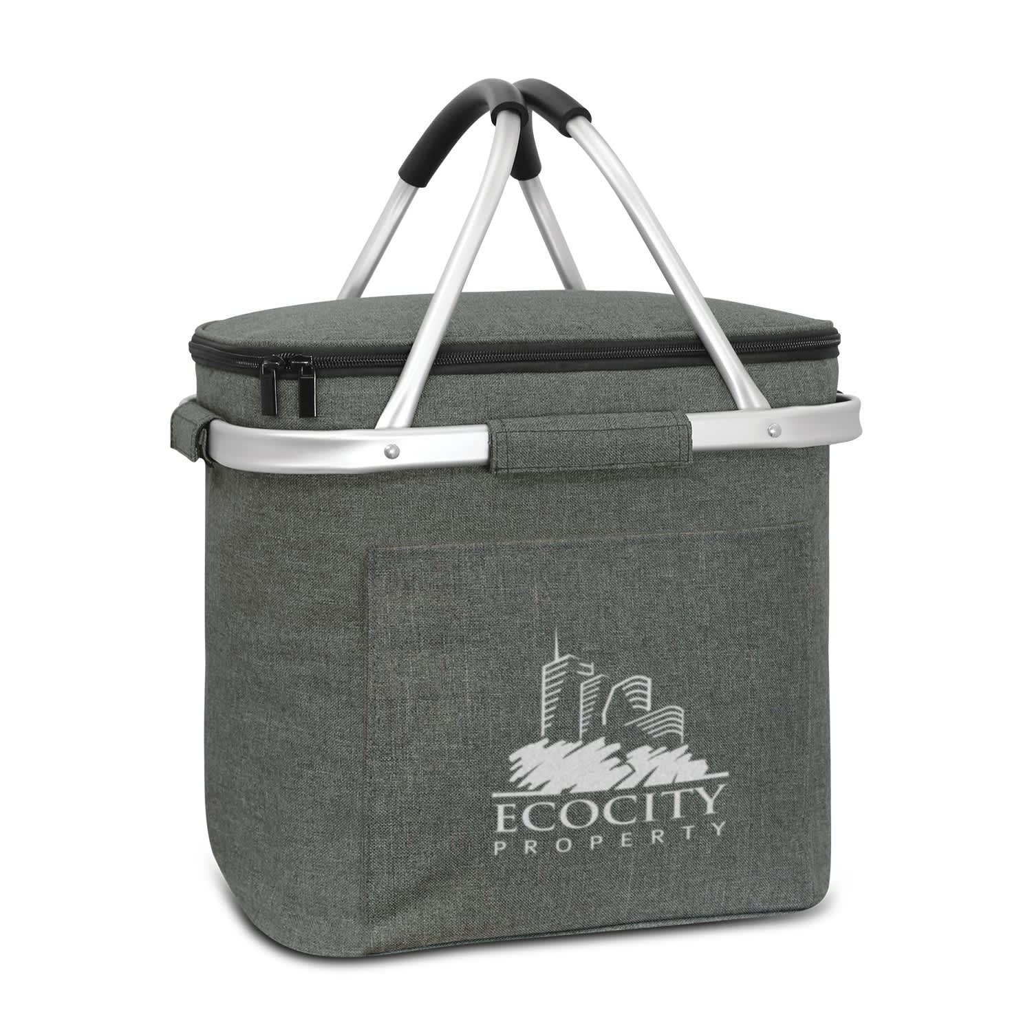 A drink bottle basket in grey with a silver handle and a logo on the front. The design is sleek and portable. Iceland Cooler Basket - Image 1