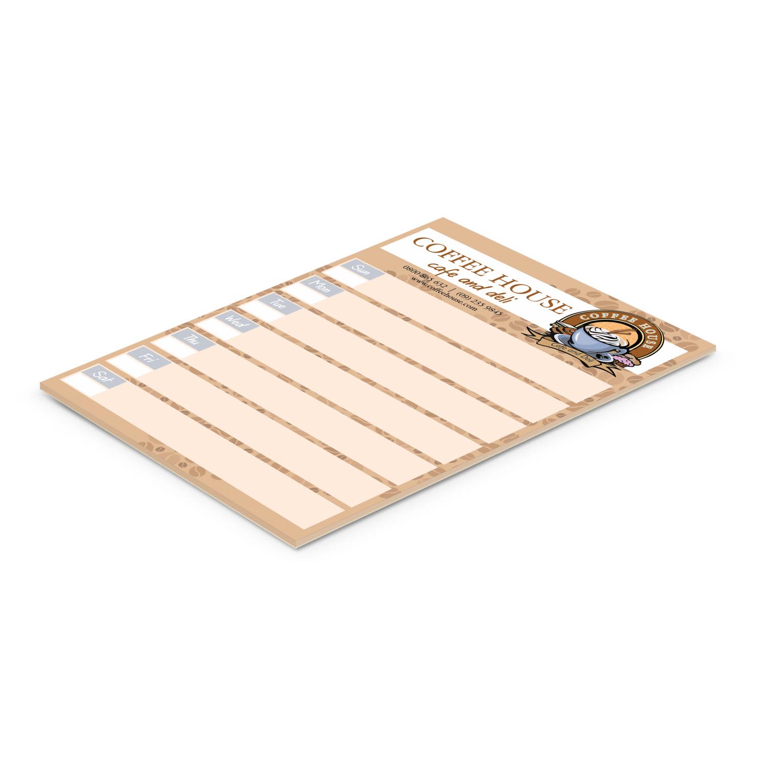 A5 note pad featuring 25 leaves with a coffee house design, including sections for daily tasks or notes. A5 Note Pad - 25 Leaves - Image 1