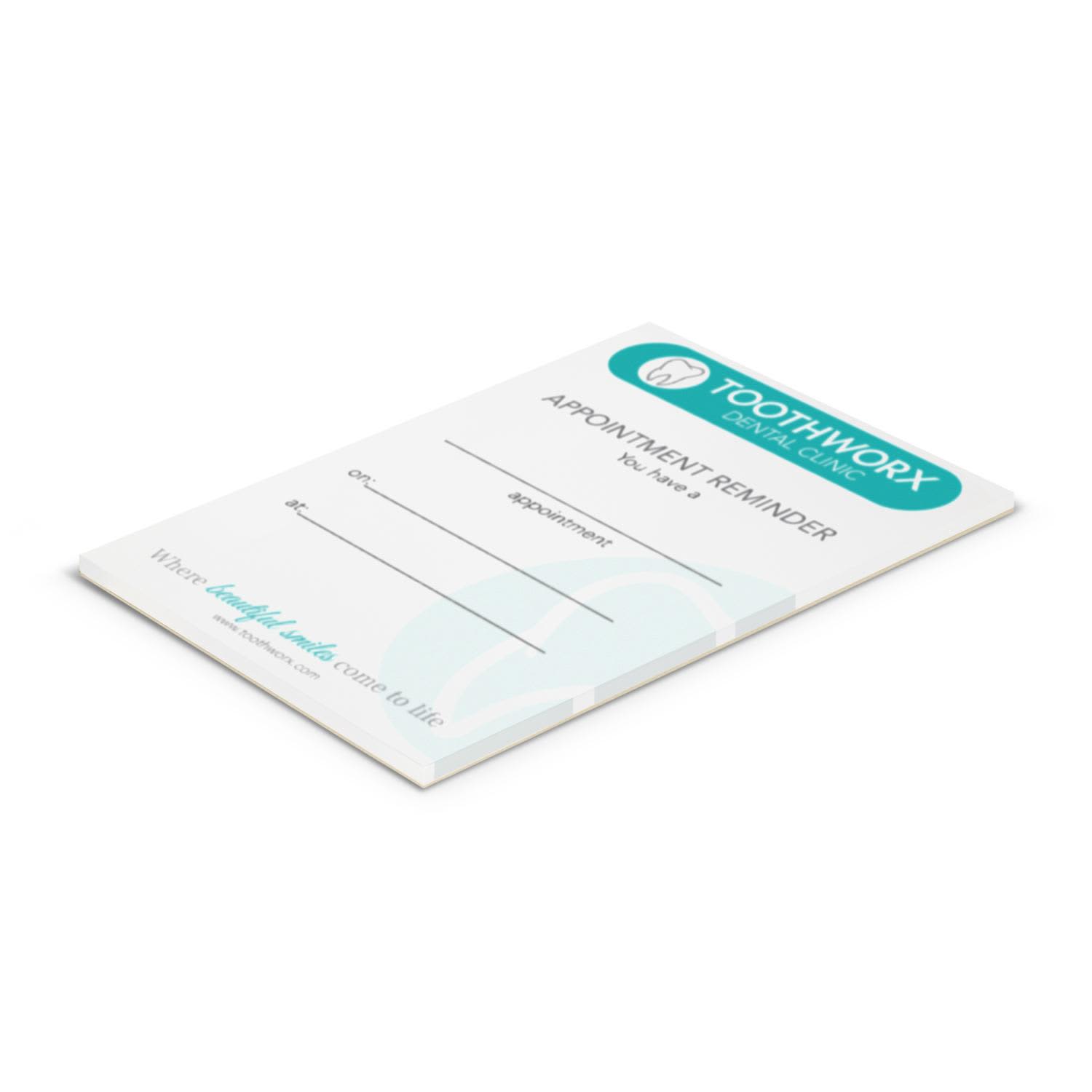 A7 note pad featuring a light green design, with 25 leaves for appointment reminders and a logo on the top. A7 Note Pad - 25 Leaves - Image 1