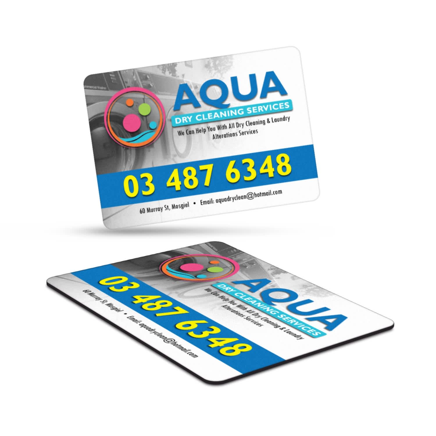 A rectangular drink bottle with a vibrant design and a logo, featuring contact information for a dry cleaning service. Fridge Magnet 70 x 50mm - Rectangle - Image 1