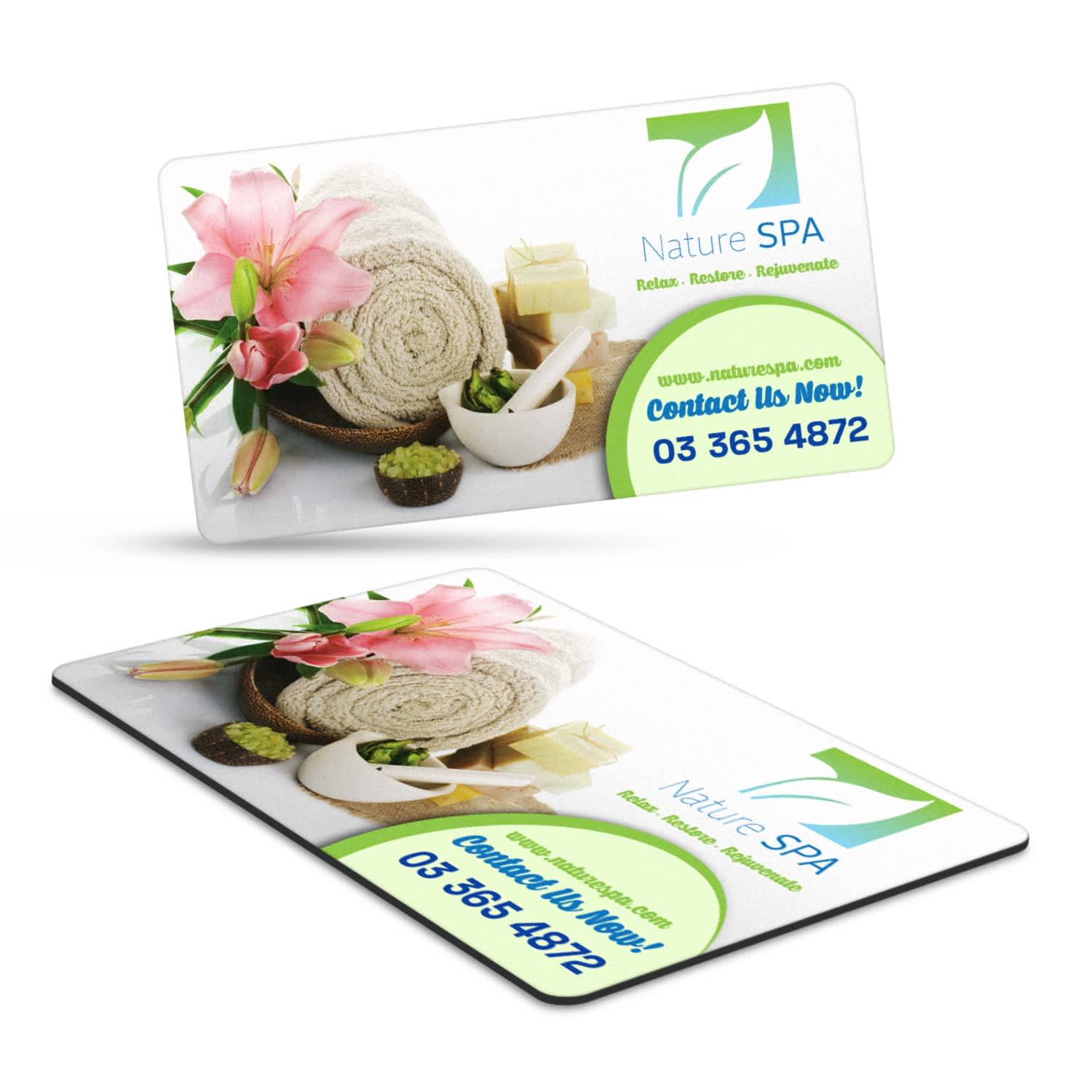 A rectangular fridge magnet in vibrant colours featuring spa imagery and a logo, with floral elements and contact details. Fridge Magnet 90 x 50mm - Rectangle - Image 1