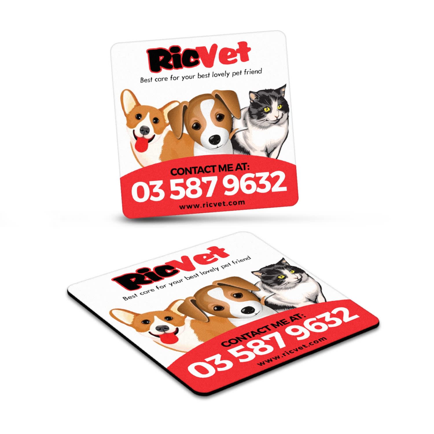 A square fridge magnet featuring illustrations of a dog and a cat, with a red and white colour scheme and a logo. Fridge Magnet 65 x 65mm - Square - Image 1