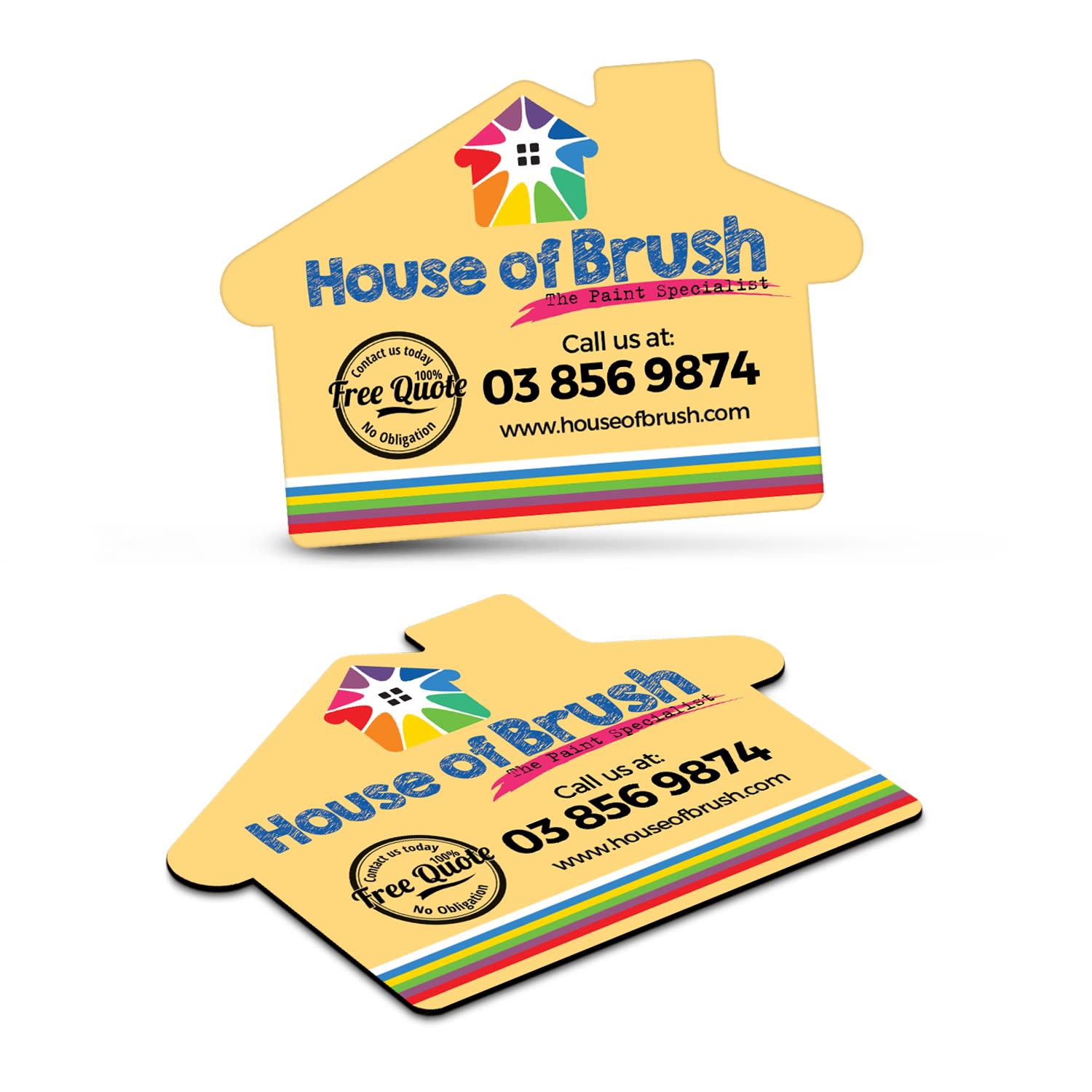A house-shaped fridge magnet in yellow features multicoloured stripes and includes a logo, phone number, and website. Fridge Magnet 70 x 50mm - House Shape - Image 1