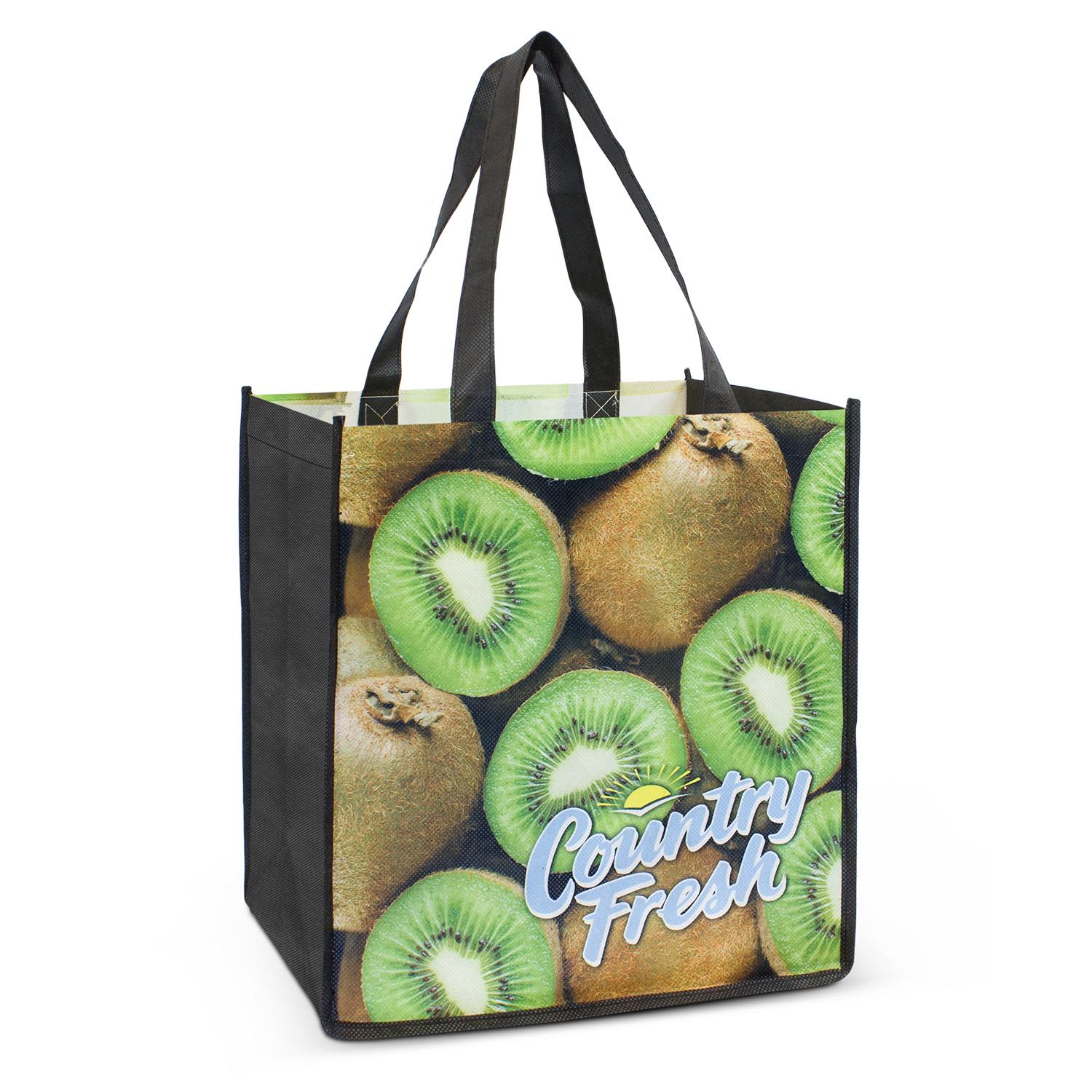 A black tote bag featuring a vibrant kiwi fruit design, with sturdy black handles and a logo. Houston Tote Bag - Image 1