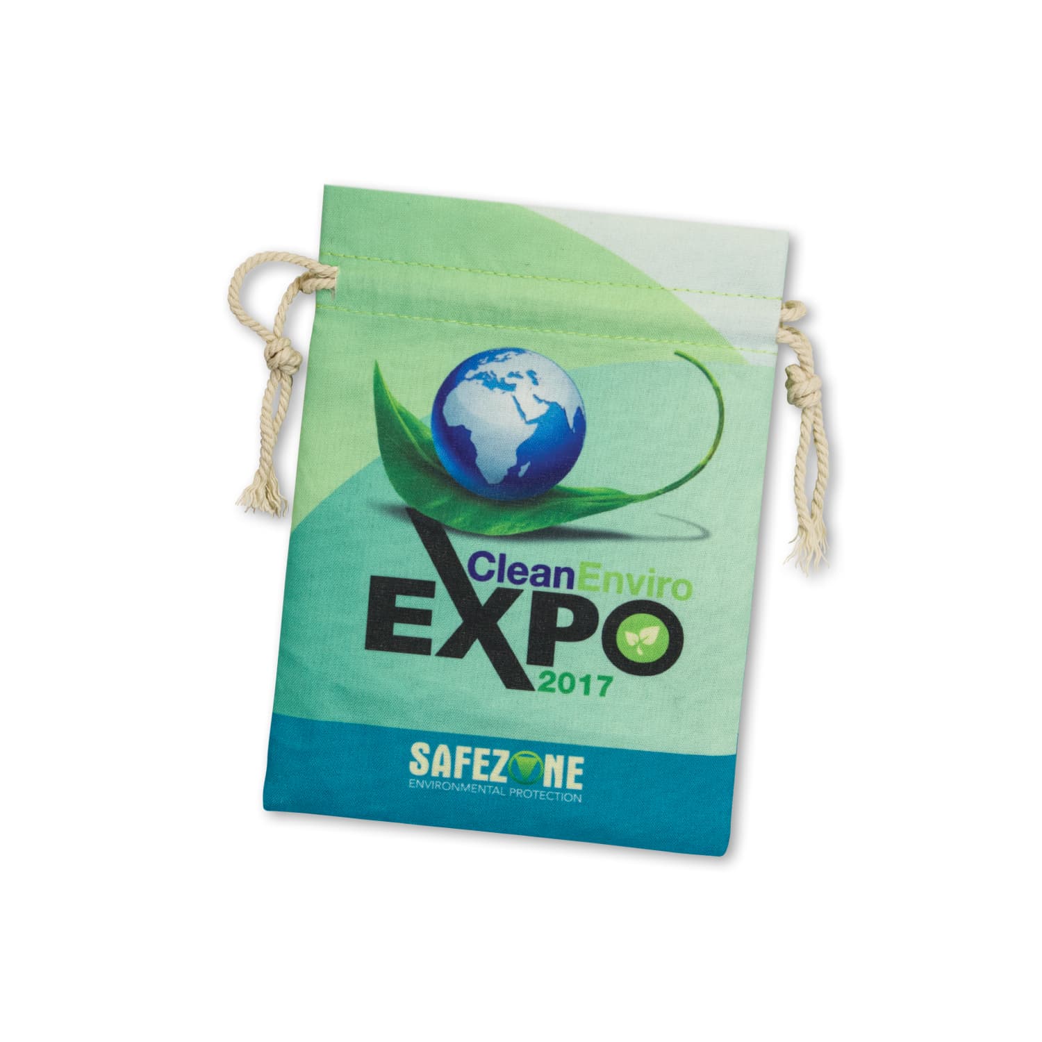 A medium, blue and green cotton gift bag with a drawstring closure and a branding logo. Turin Cotton Gift Bag - Medium - Image 1
