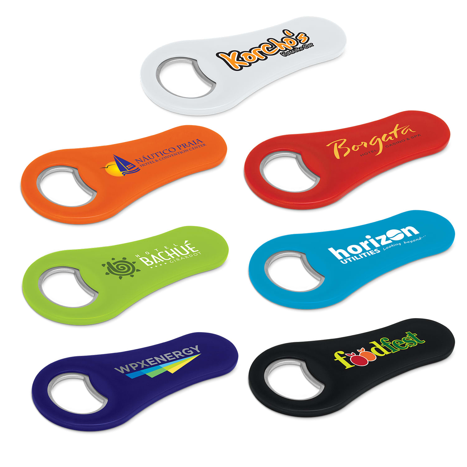 A collection of bottle openers in various colours, featuring different logos and a circular opening for bottle caps. Max Magnetic Bottle Opener - Image 1