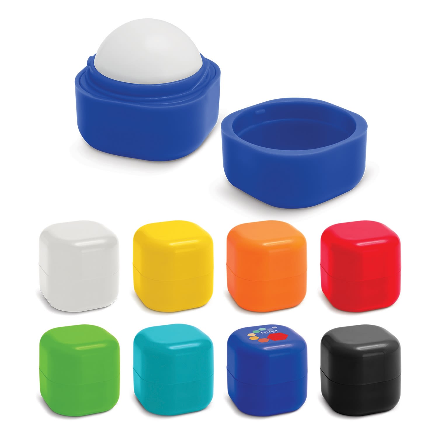 A collection of colourful lip balm containers, including white, blue, yellow, orange, turquoise, green, and black options. Prima Lip Balm Ball - Image 1