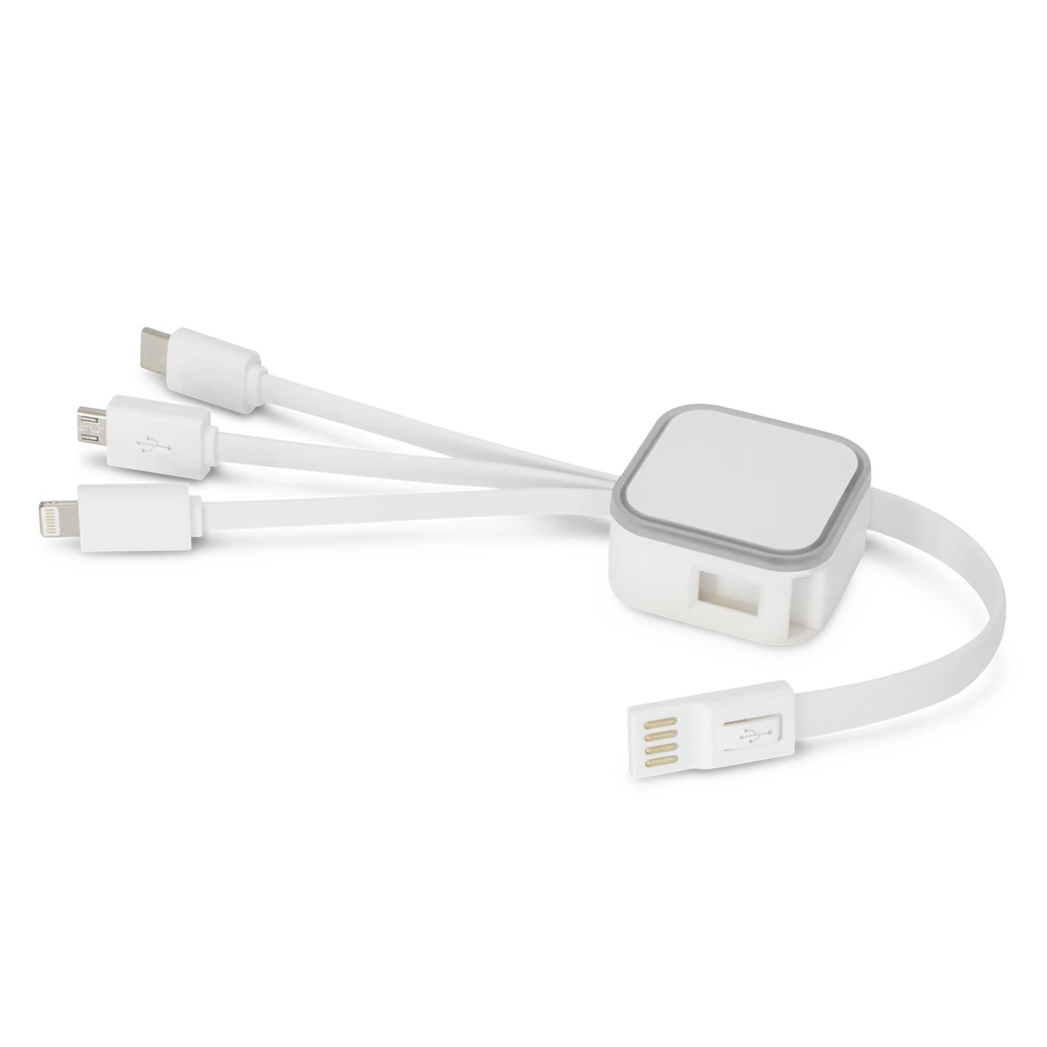 A white charging cable with multiple connectors, including USB-C, Lightning, and Micro-USB, and a compact hub. Cypher Charging Cable - Image 1