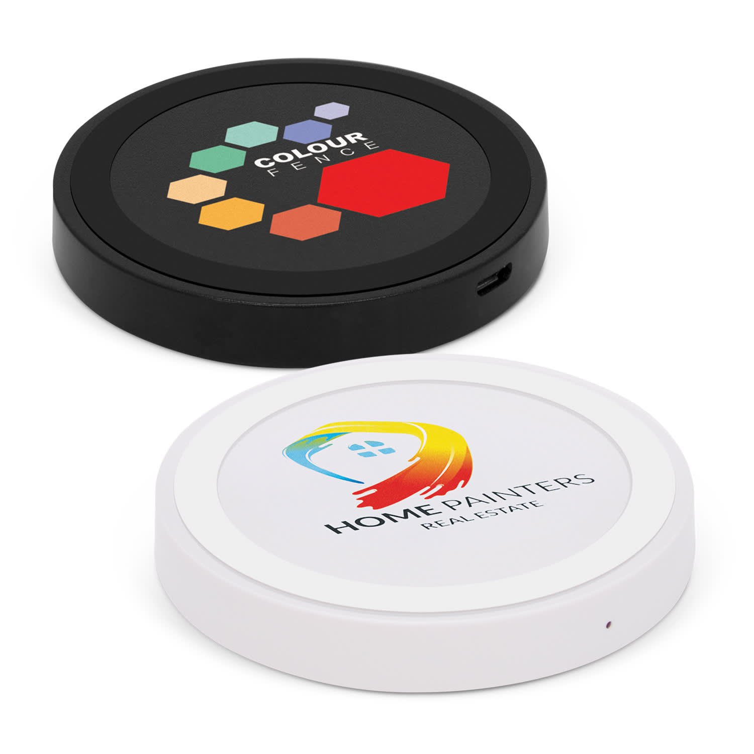 A wireless charger set in black and white, featuring hexagonal designs and logos on each side. Orbit Wireless Charger - Colour Match - Image 1