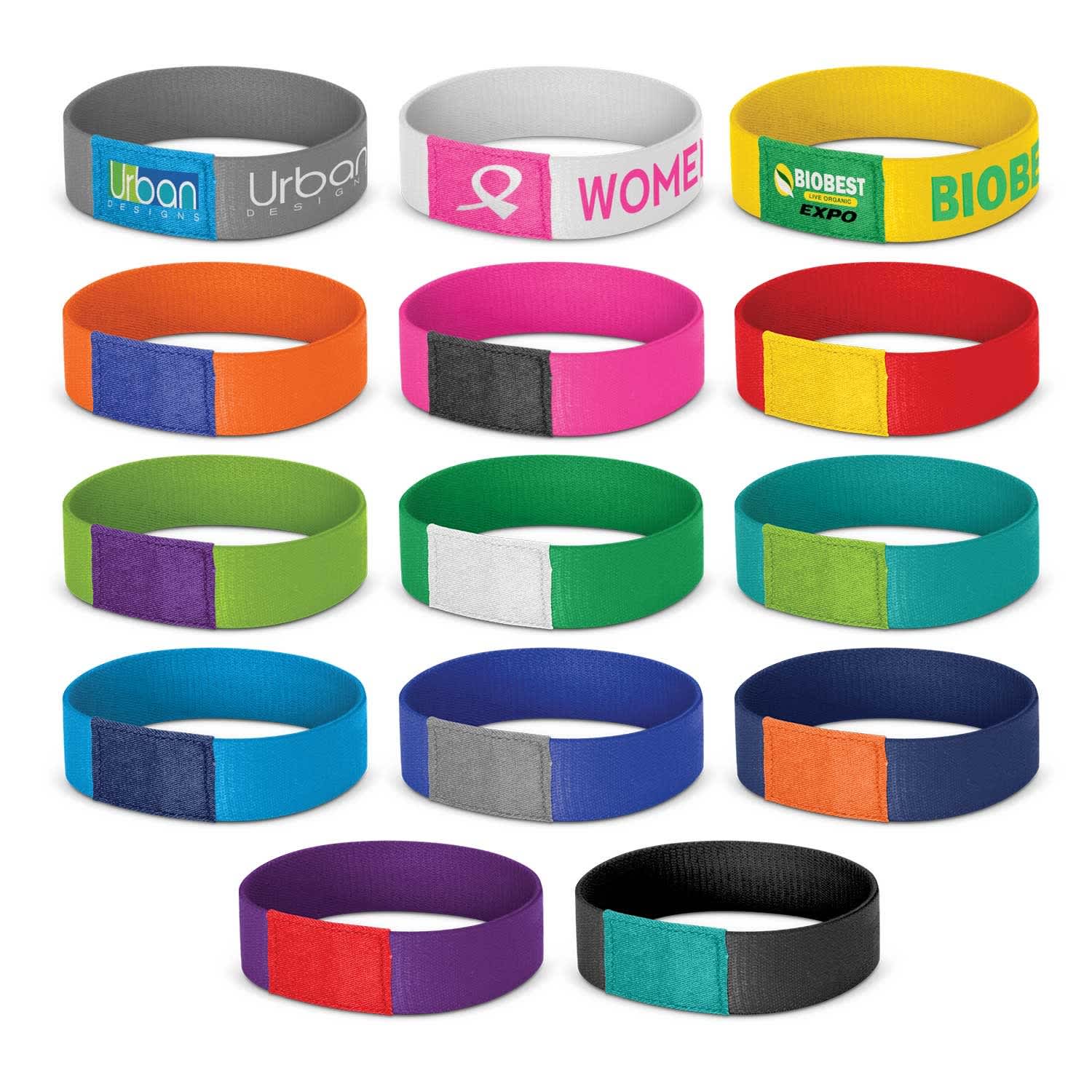 A set of multicoloured wristbands, featuring various designs and a logo on some, arranged in a grid layout. Dazzler Wrist Band - Image 1