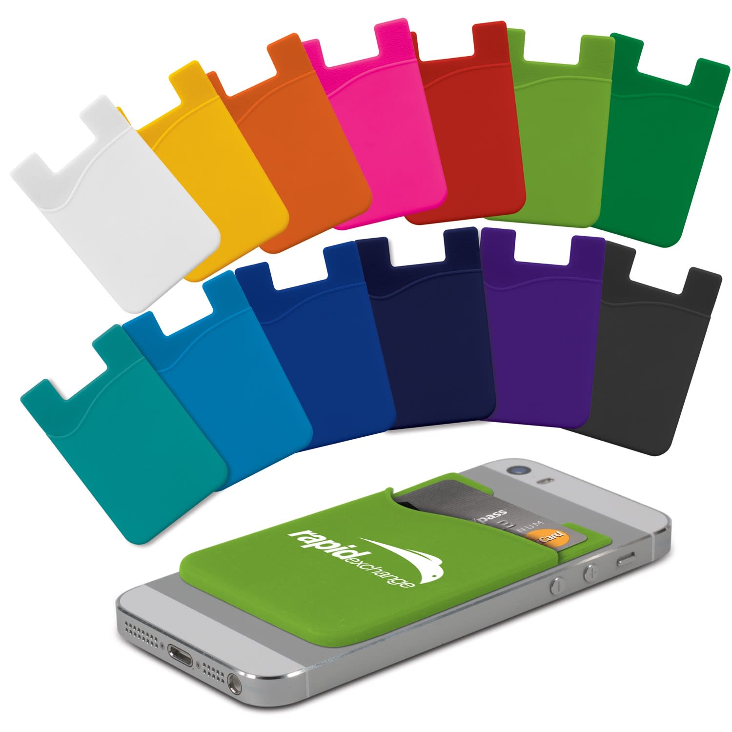 A collection of silicone phone wallets in various colours, featuring a logo, placed on a smartphone. Silicone Phone Wallet - Indent - Image 1