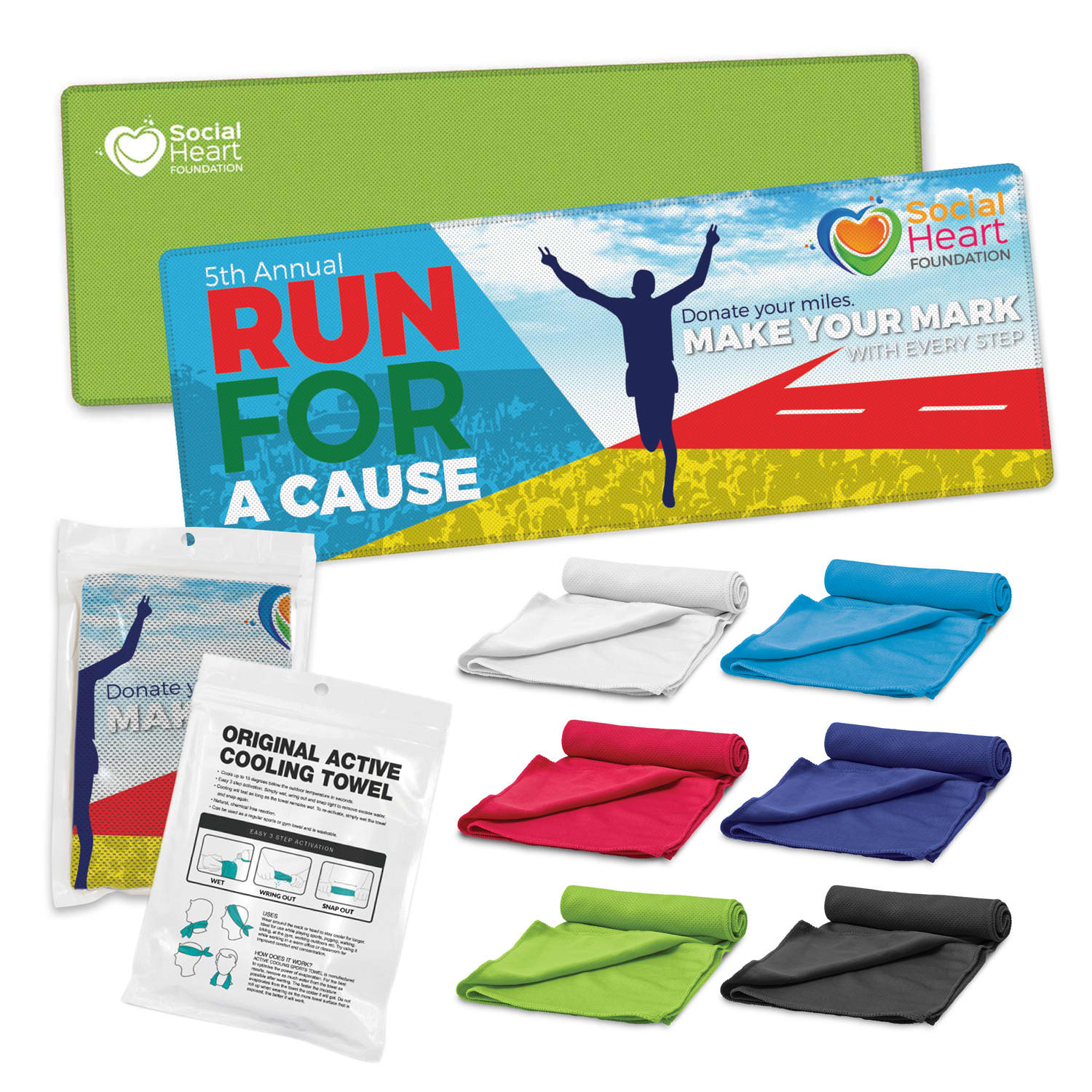 A collection of active cooling towels in various colours, displayed with a branded pouch and a promotional banner. Active Cooling Towel - Pouch - Image 1