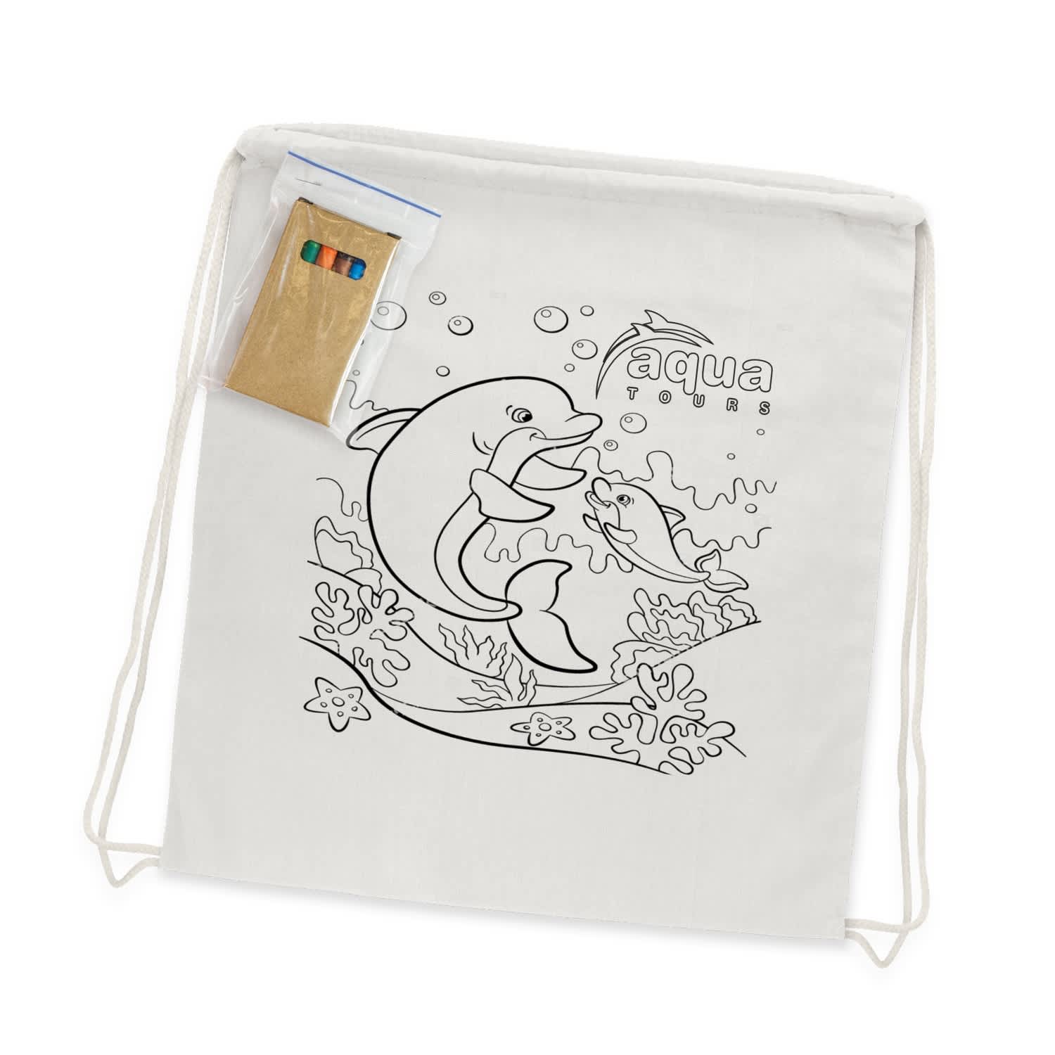A cotton drawstring backpack featuring a dolphin coloring design, accompanied by a pack of coloring pens. Cotton Colouring Drawstring Backpack - Image 1