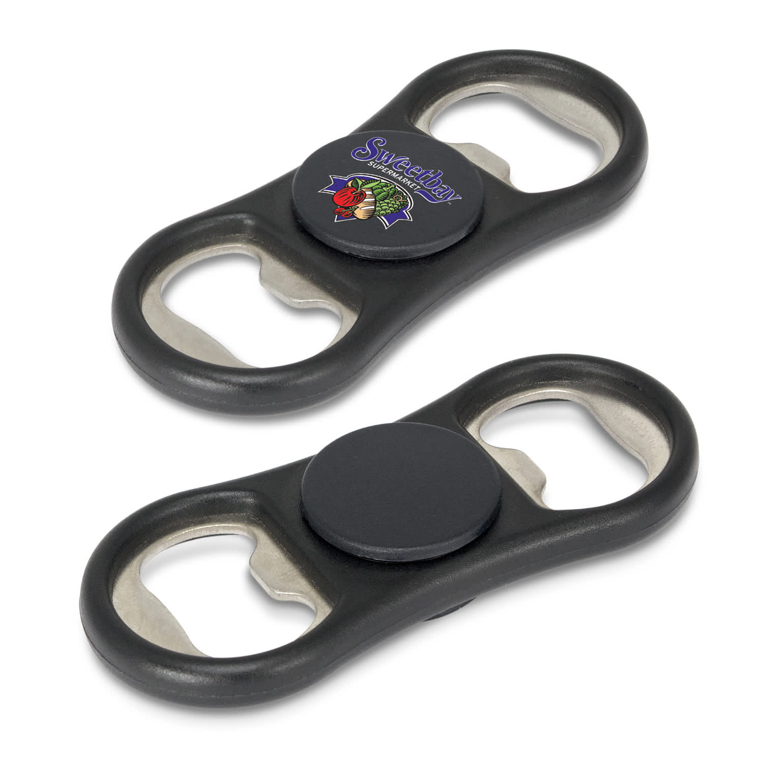 A drink bottle opener in black with a spinner feature and metal bottle opener ends, featuring a logo. Spinner Bottle Opener - Image 1