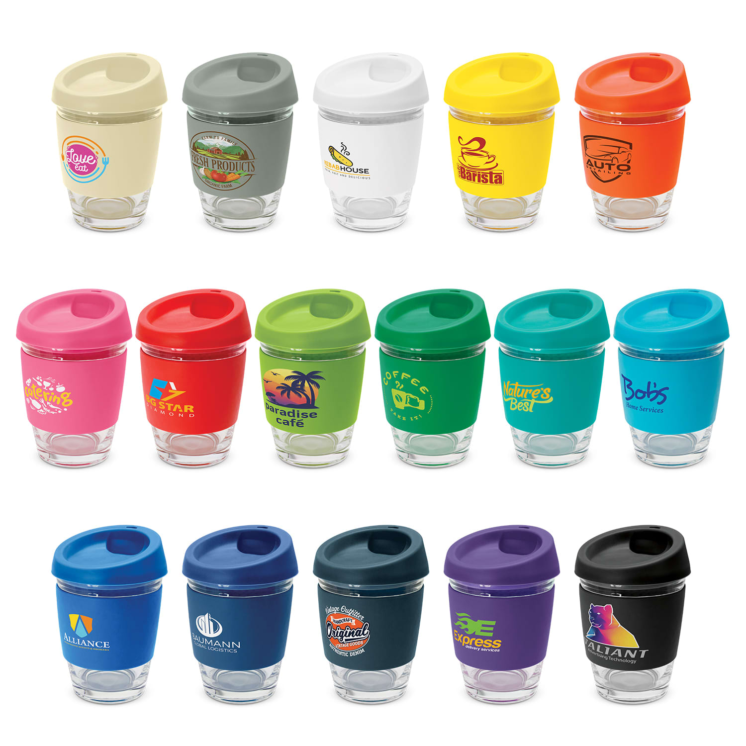 A collection of colourful reusable cups with various lids and branding, featuring shades of green, white, orange, and blue. Metro Cup - Image 1