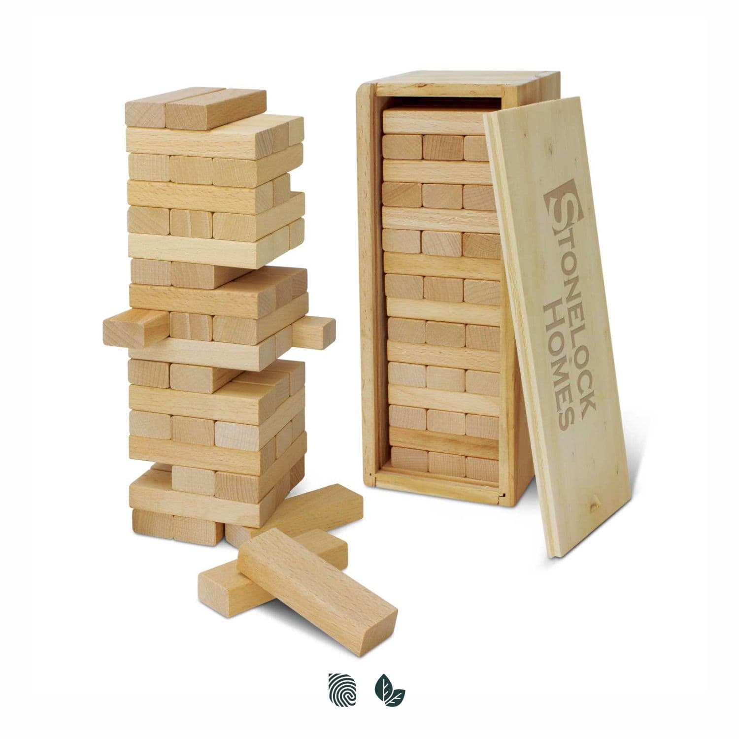 A wooden tumbling tower game with natural timber blocks, featuring a storage box with a logo. Tumbling Tower - Image 1
