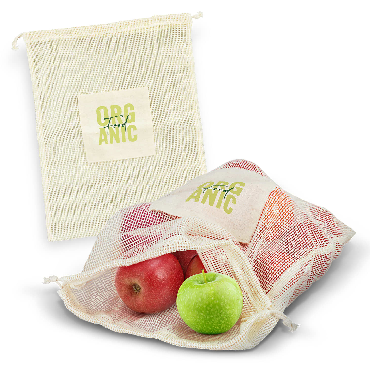 A cotton produce bag filled with red and green apples, featuring a logo that reads "Organic." Cotton Produce Bag - Image 1
