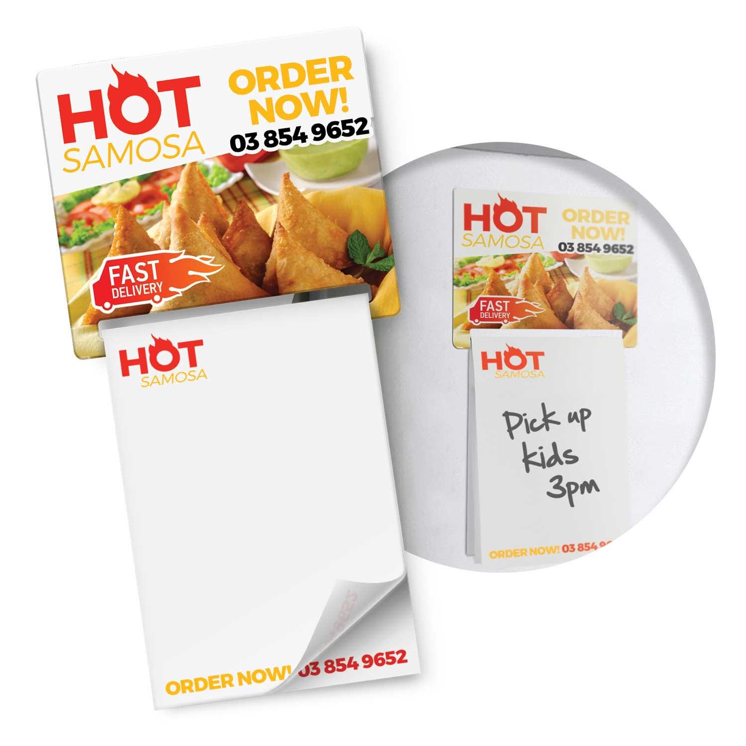 A magnetic memo pad in full colour featuring a logo, with a notepad and a note attached. Magnetic Memo Pad A7 - Full Colour - Image 1