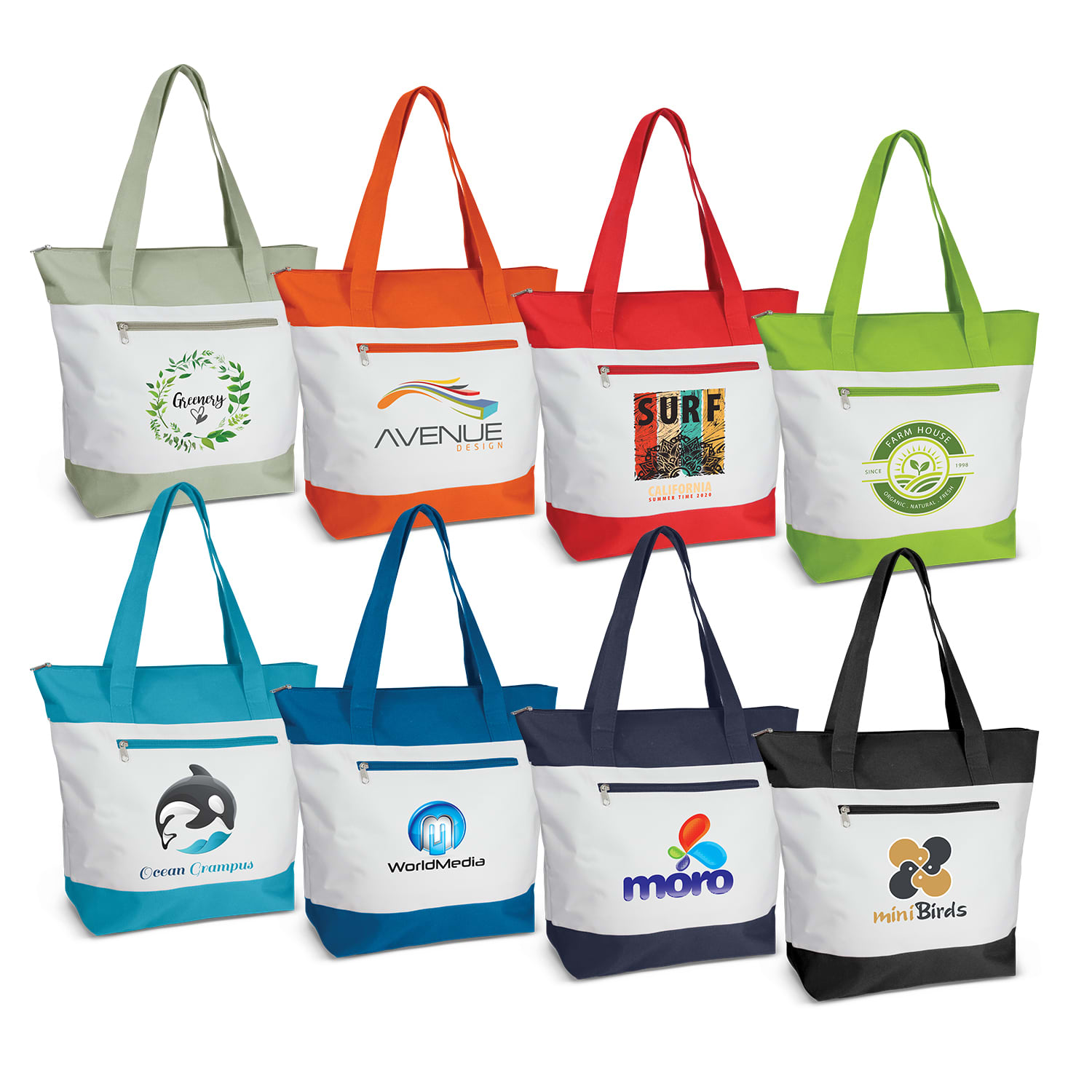 A collection of eight fabric tote bags in various colours, each featuring a different logo on the front. Capella Tote Bag - Image 1