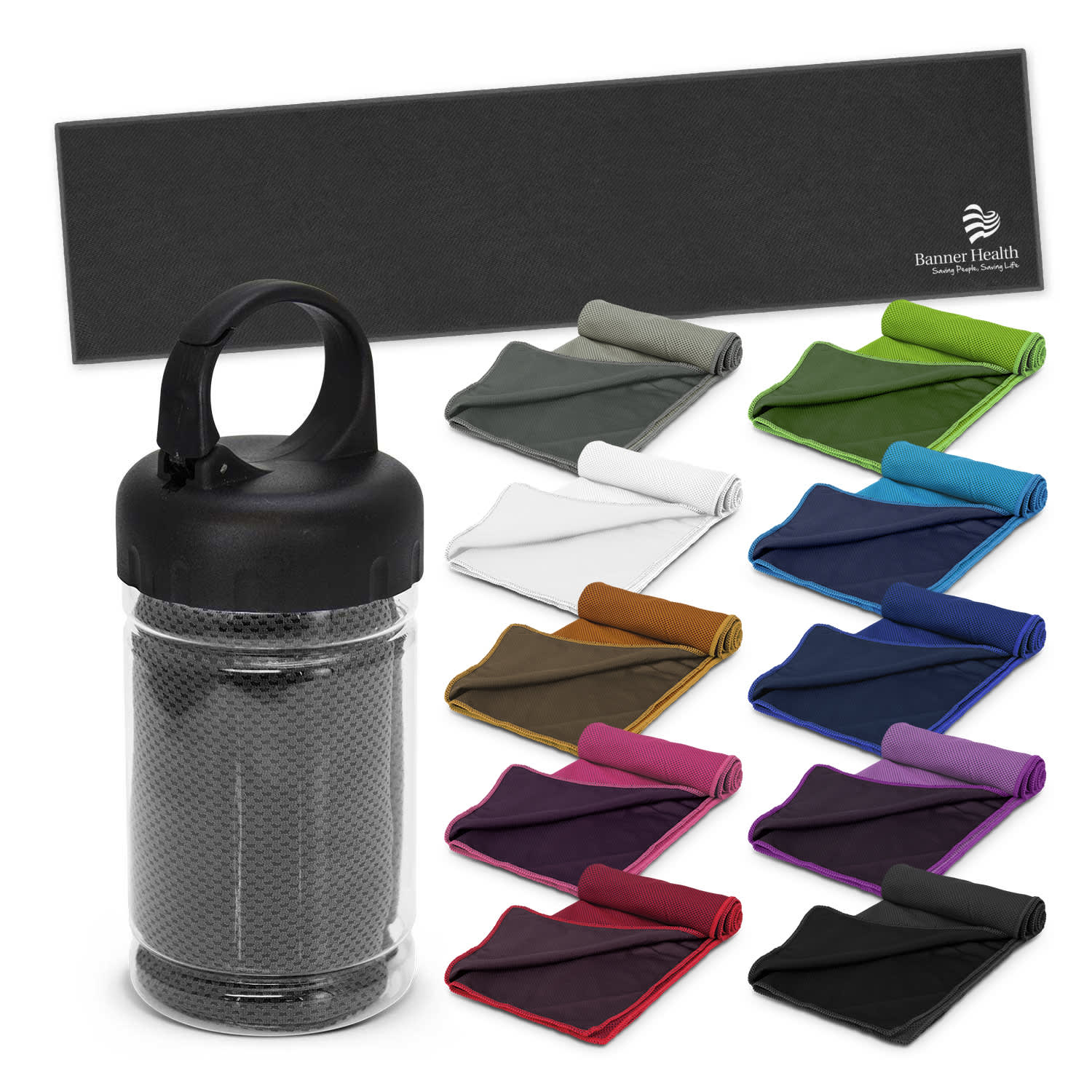 A black tube containing a grey cooling towel, with multiple folded towels in various colours displayed around it. Yeti Premium Cooling Towel - Tube - Image 1
