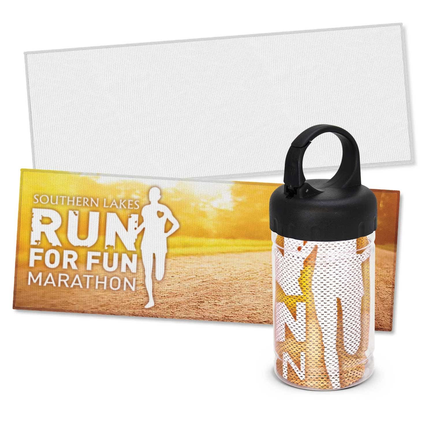 A Yeti Premium Cooling Towel in a tube, featuring a black lid and a full-colour design with orange and white accents. Yeti Premium Cooling Towel - Full Colour - Tube - Image 1