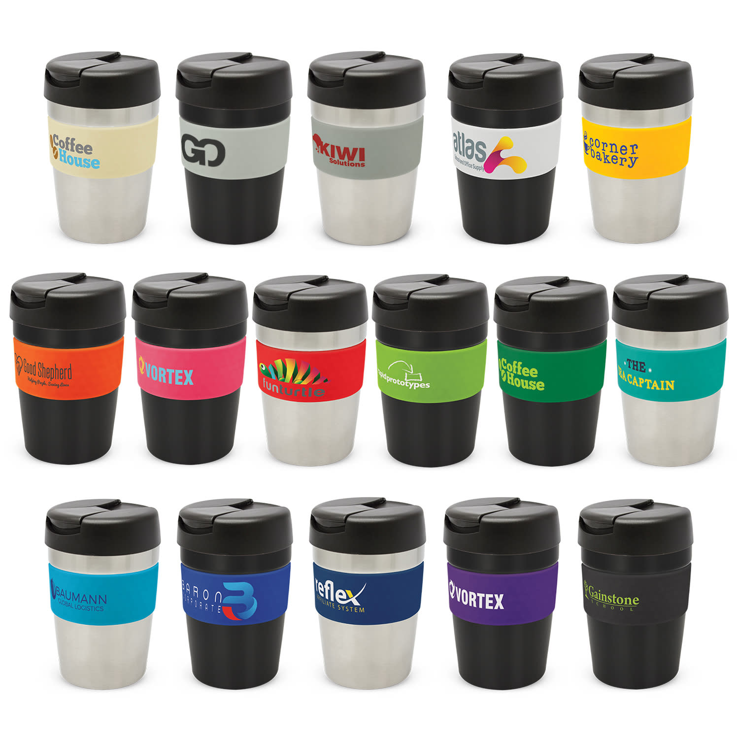 A collection of various drink bottles, featuring black lids and bases, with different coloured bodies and designs. Java Vacuum Cup - 340ml - Image 1