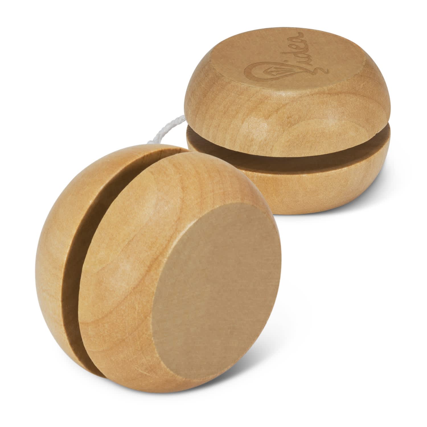 A wooden yoyo in natural wood finish, featuring a smooth round shape with a string attached. Wood Yoyo - Image 1