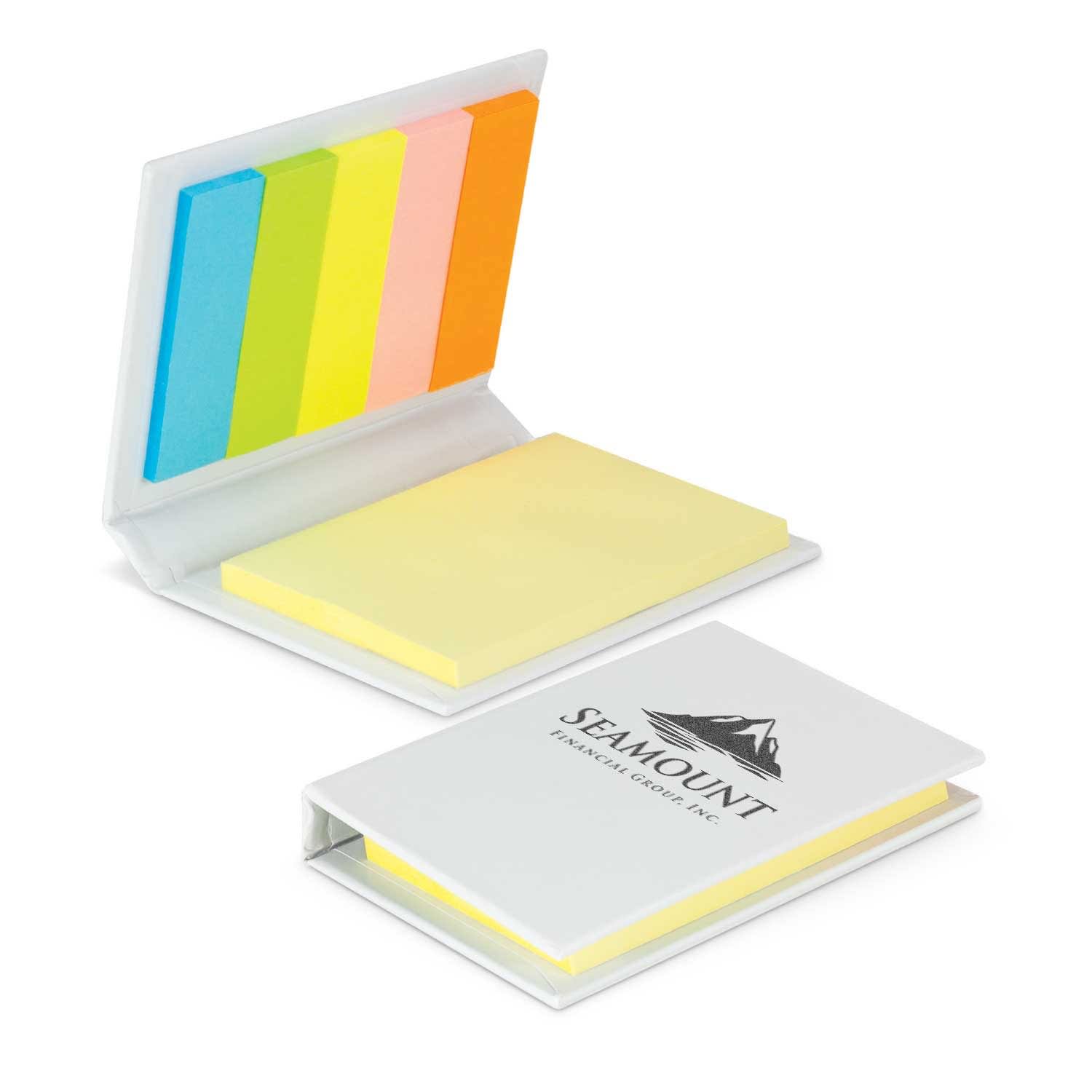 A sticky note pad featuring multiple vibrant colours, including yellow, orange, green, and blue, with a logo on the cover. Jotz Sticky Note Pad - Image 1