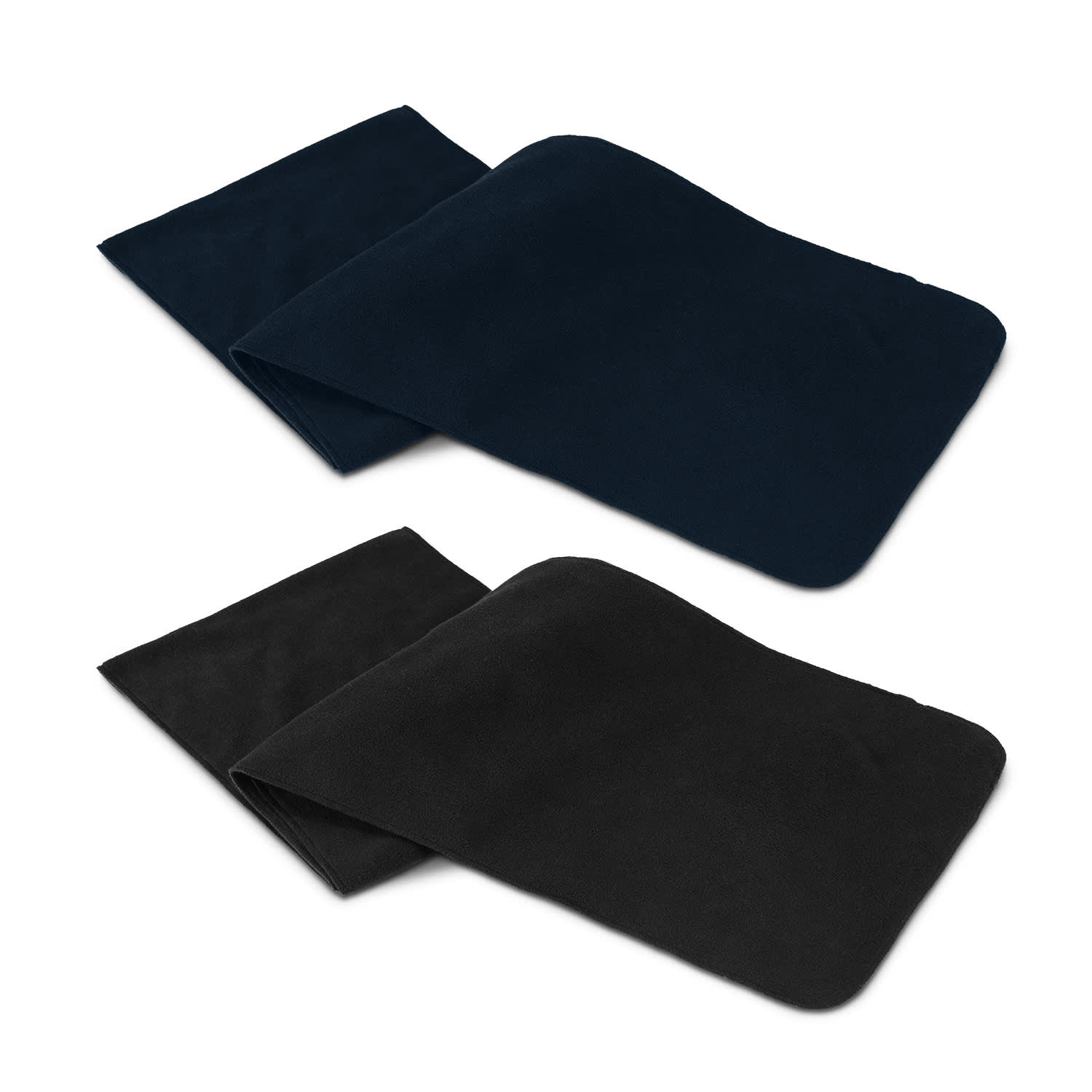 A fleece scarf set featuring a navy blue scarf and a black scarf, both with a soft texture and a simple design. Seattle Fleece Scarf - Image 1