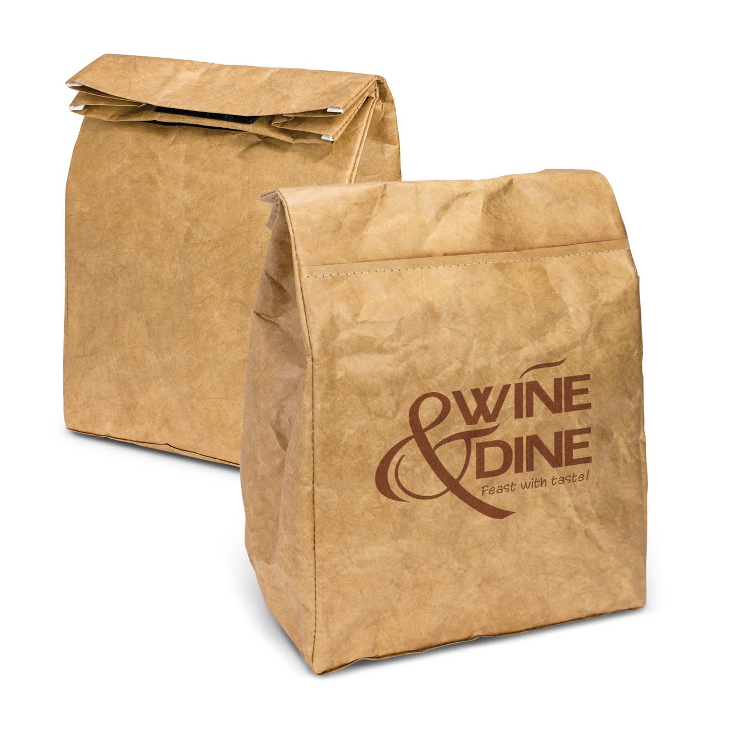 A brown Kraft cooler lunch bag with a fold-top design and a logo on one side. Kraft Cooler Lunch Bag - Image 1