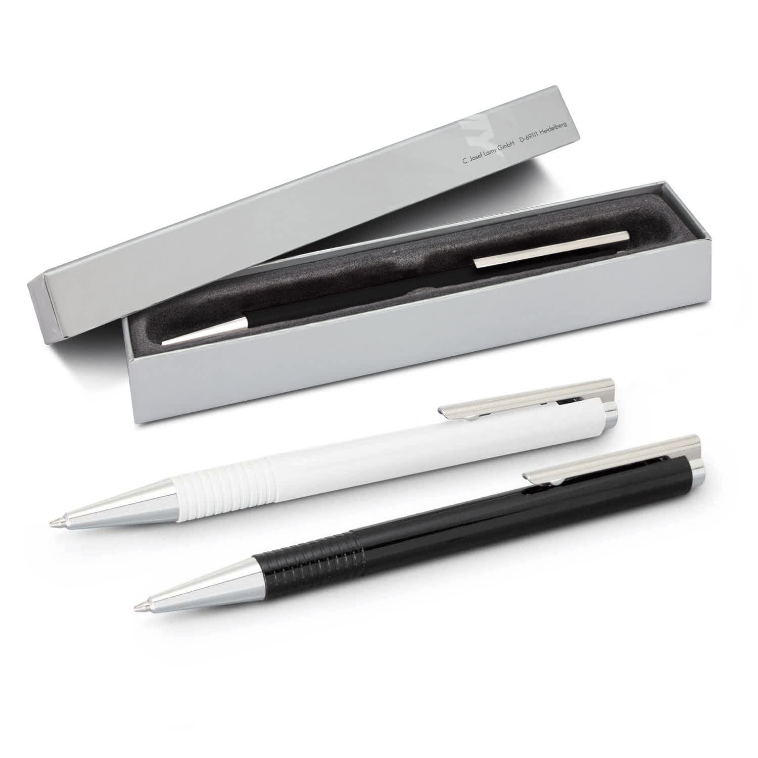 A sleek black and white Lamy Logo pen set presented in a grey box with a soft interior. LAMY Logo Pen - Image 1