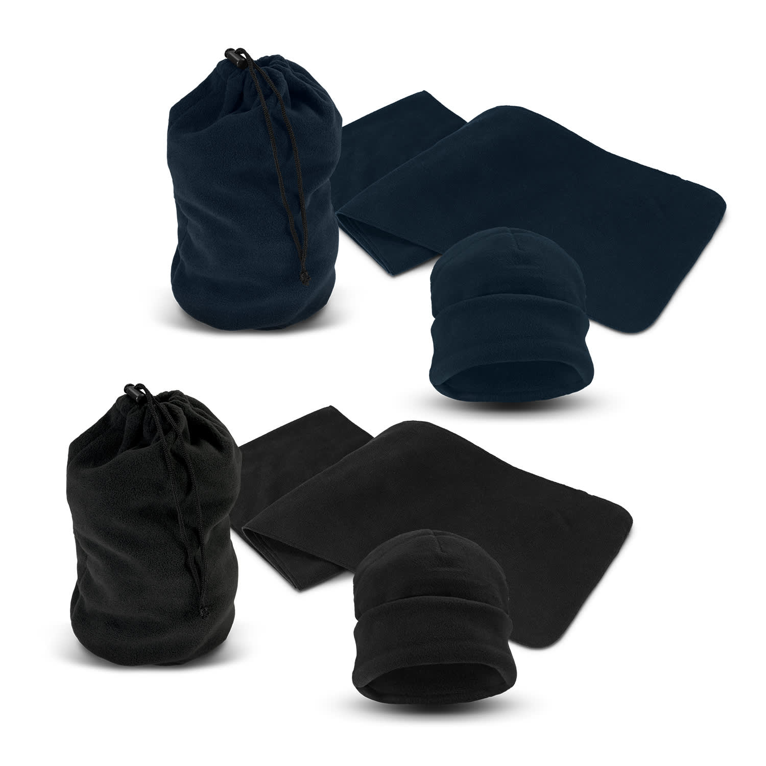 A navy blue scarf and beanie set in a drawstring bag, with additional black accessories, all featuring a logo. Seattle Scarf and Beanie Set - Image 1