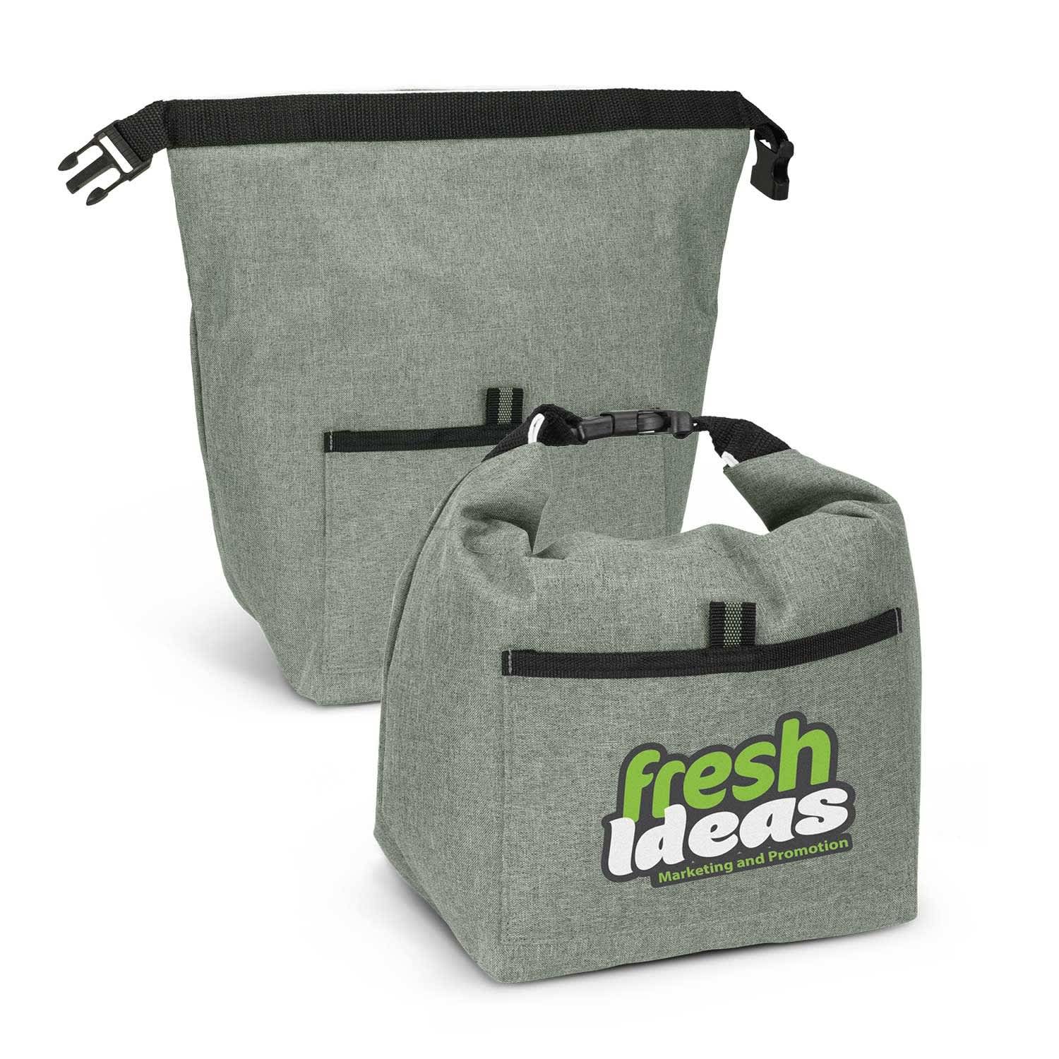 A green lunch cooler with a strong handle and a pocket, featuring a logo on one side. Viking Lunch Cooler - Image 1