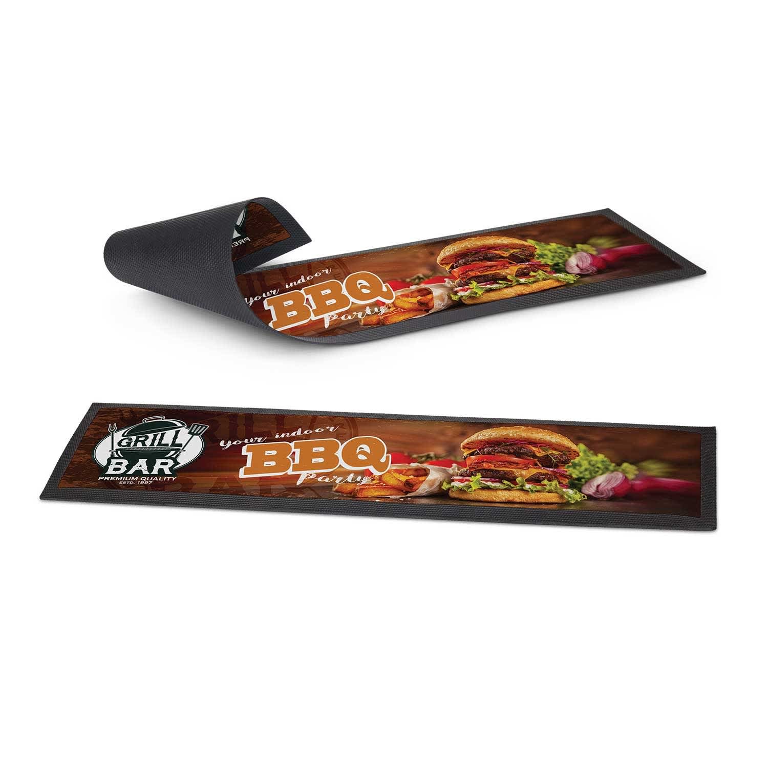 A bar runner featuring a vibrant BBQ design, primarily in dark tones with colourful food imagery and a logo. Bar Runner - Image 1