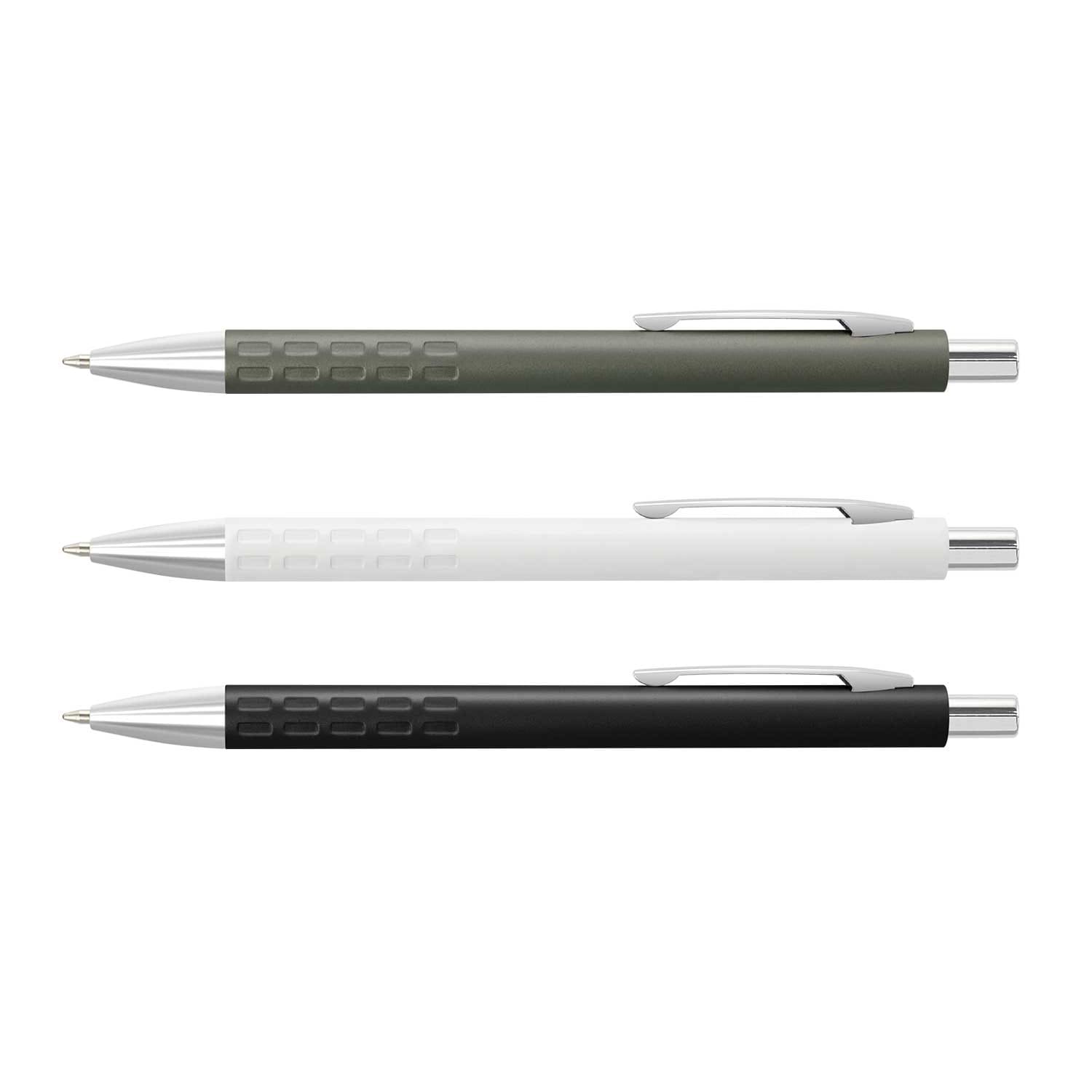 A set of three metal pens in olive green, white, and black, featuring silver accents and a branding logo. Vienna Pen - Image 1