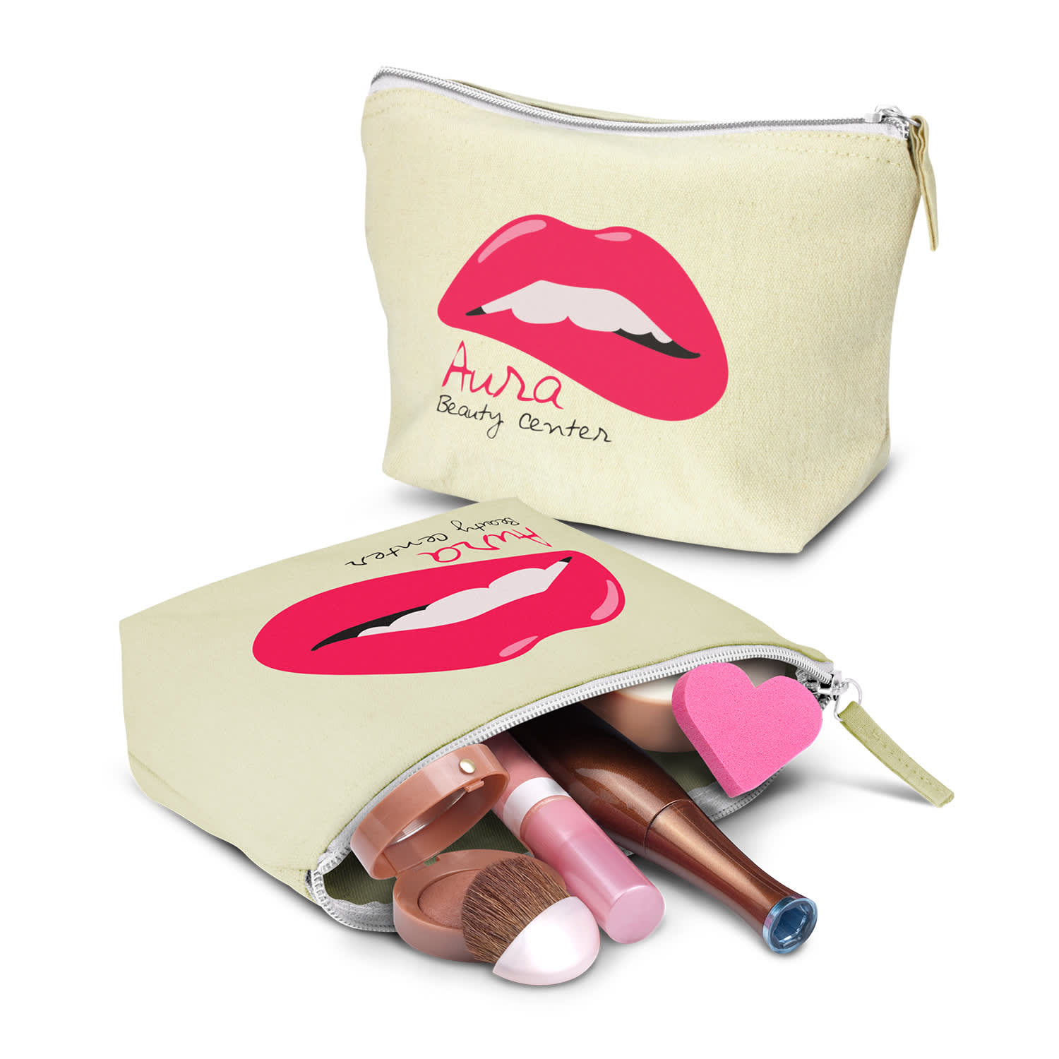 A medium cosmetic bag in light yellow with a pink lip design, containing various makeup items inside. Eve Cosmetic Bag - Medium - Image 1