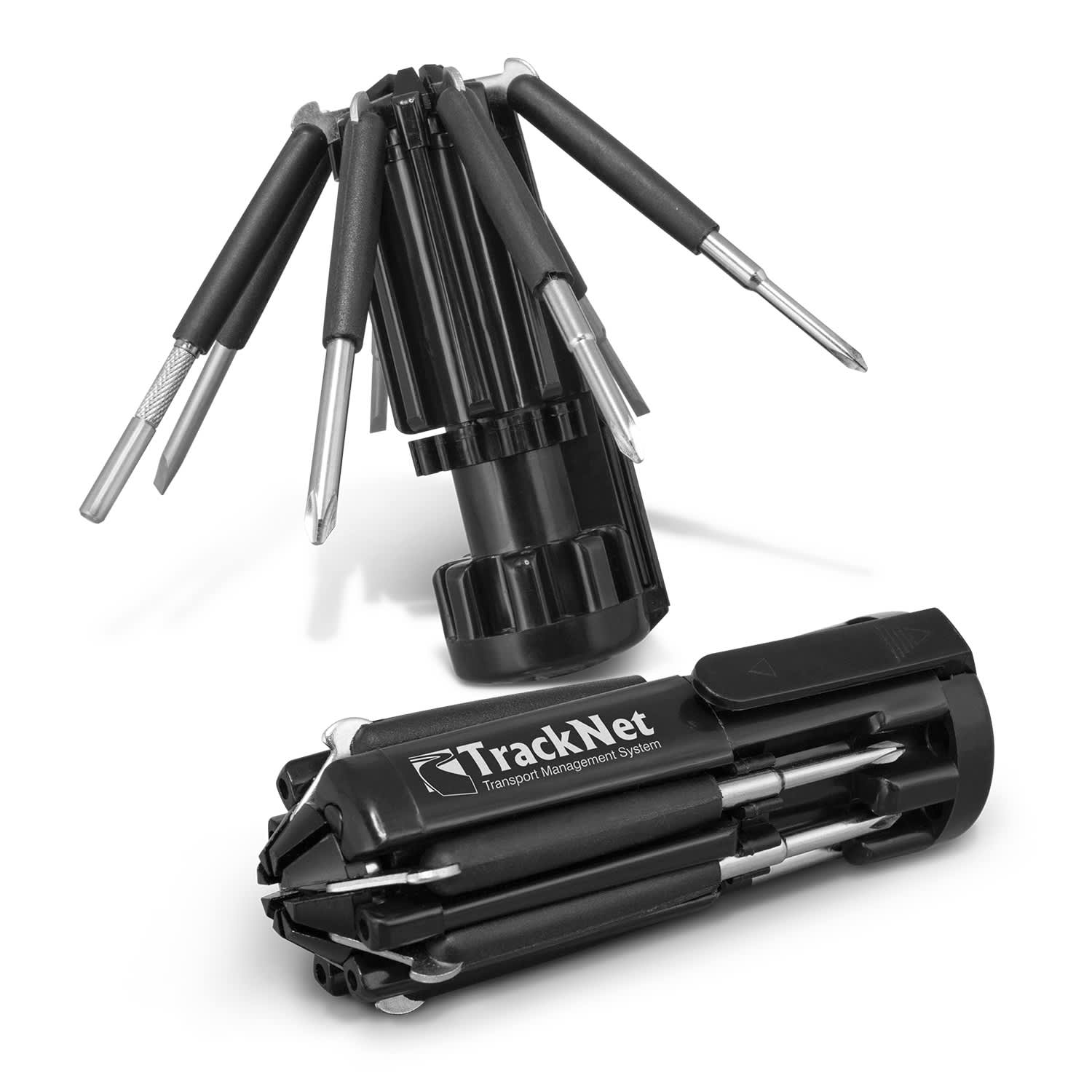 A black multi-tool with various foldable screwdriver heads and a compact design, featuring a logo. Bronco Multi-Tool - Image 1