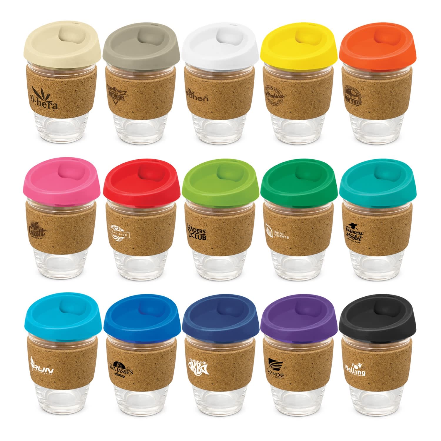 A range of reusable drink bottles featuring glass bodies and coloured lids with cork bands in various hues. Metro Cup - Cork Band - Image 1