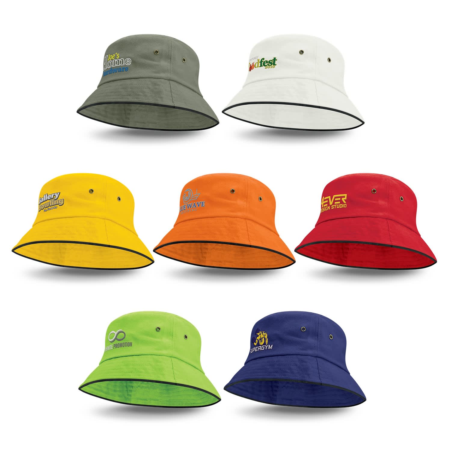 A collection of eight bucket hats in various colours, each featuring a logo or branding. Bondi Bucket Hat - Black Sandwich Trim - Image 1