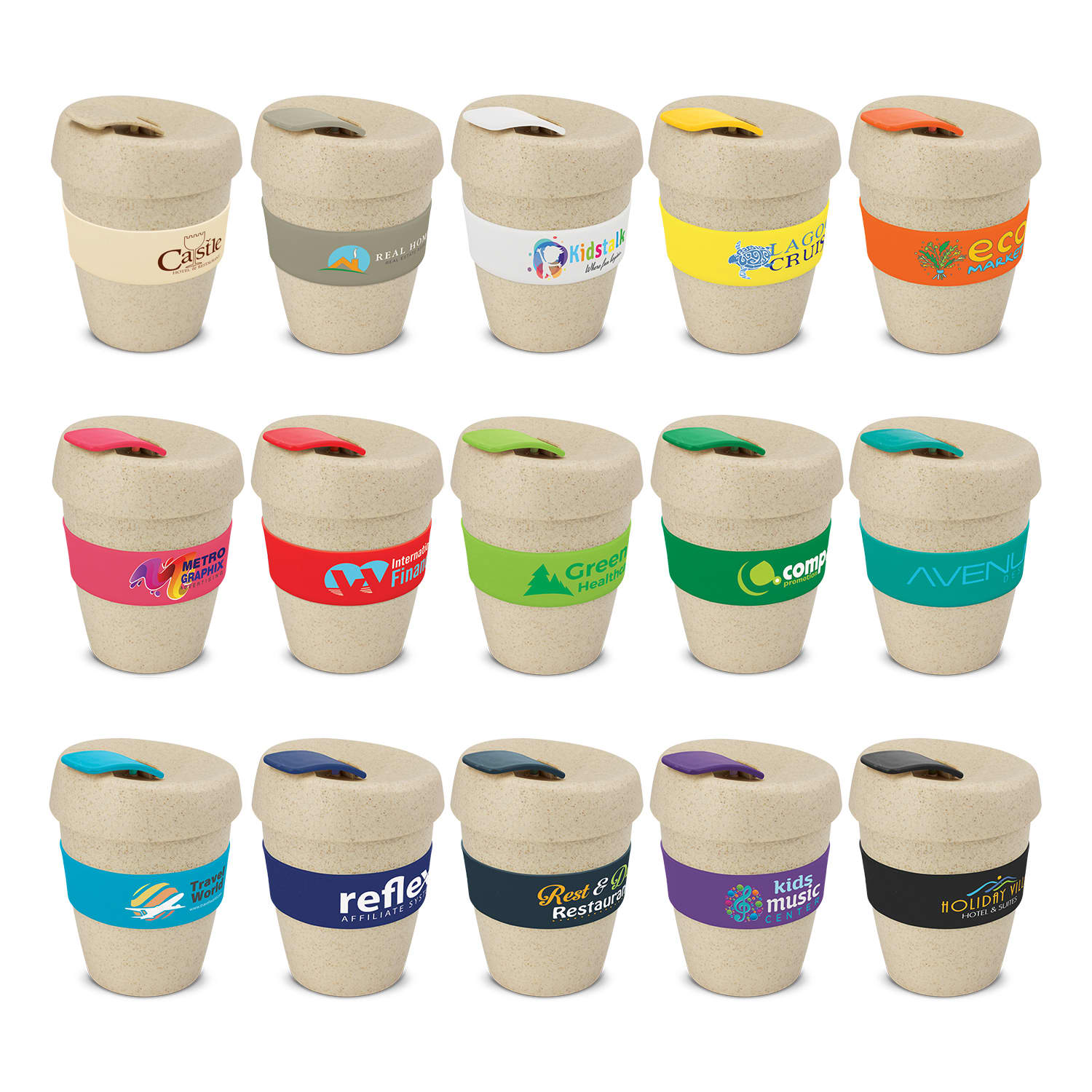 A drink bottle in various earthy tones, featuring a lid and multiple designs with logos. The cups are 350ml. Express Cup - Natural 350ml - Image 1