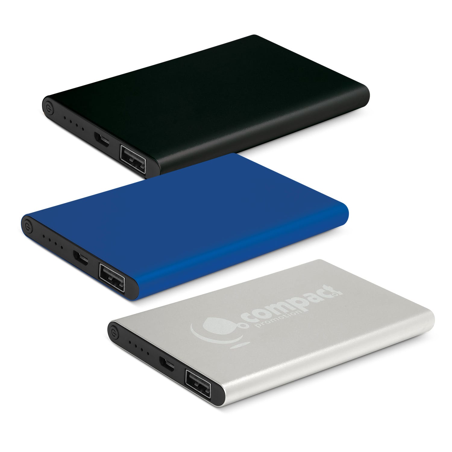 A trio of power banks in black, blue, and silver, featuring a logo on the silver device. Zion Power Bank - Image 1