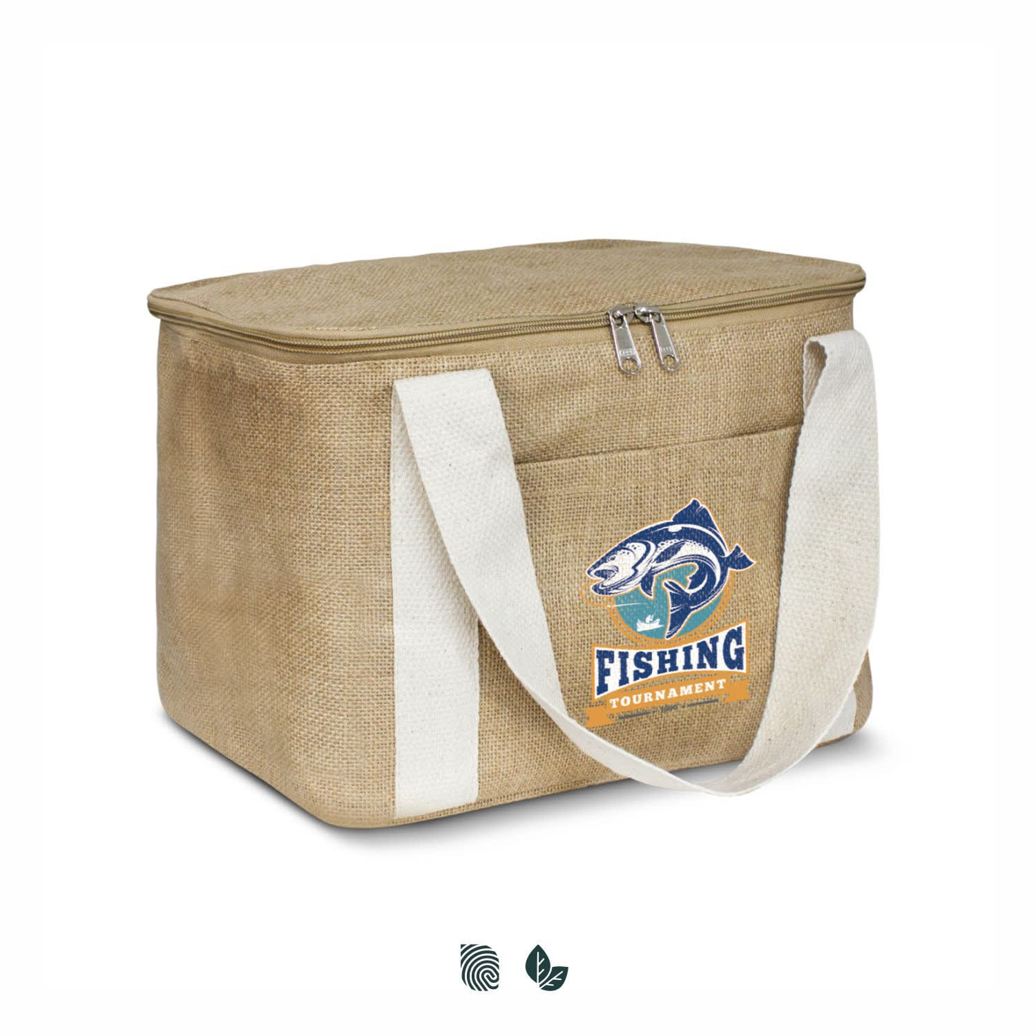 A tan cooler bag with a zip closure and white straps, featuring a logo related to fishing. Asana Cooler Bag - Image 1