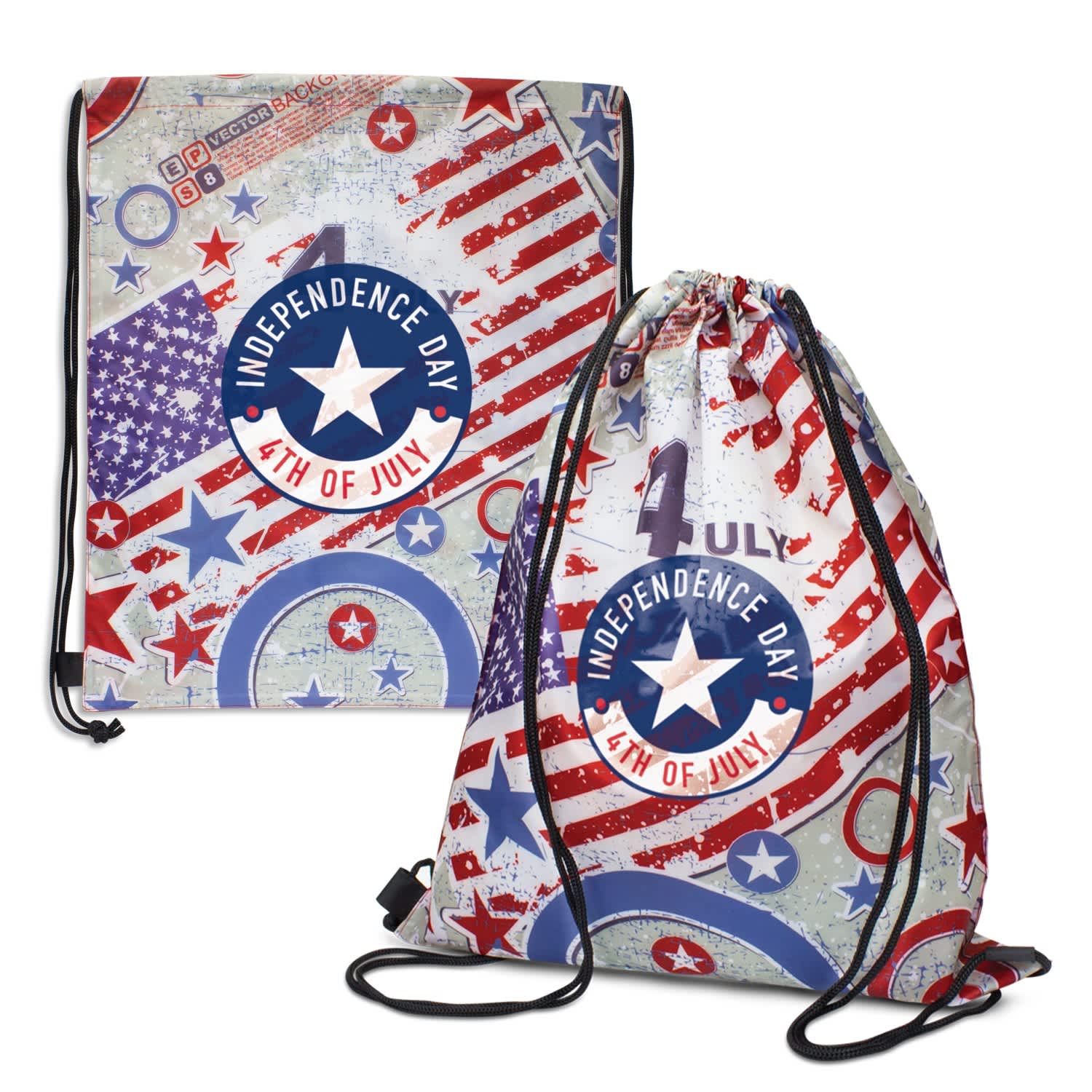 A drawstring backpack featuring a patriotic design in red, white, and blue with a logo and stars. Tacoma Drawstring Backpack - Image 1