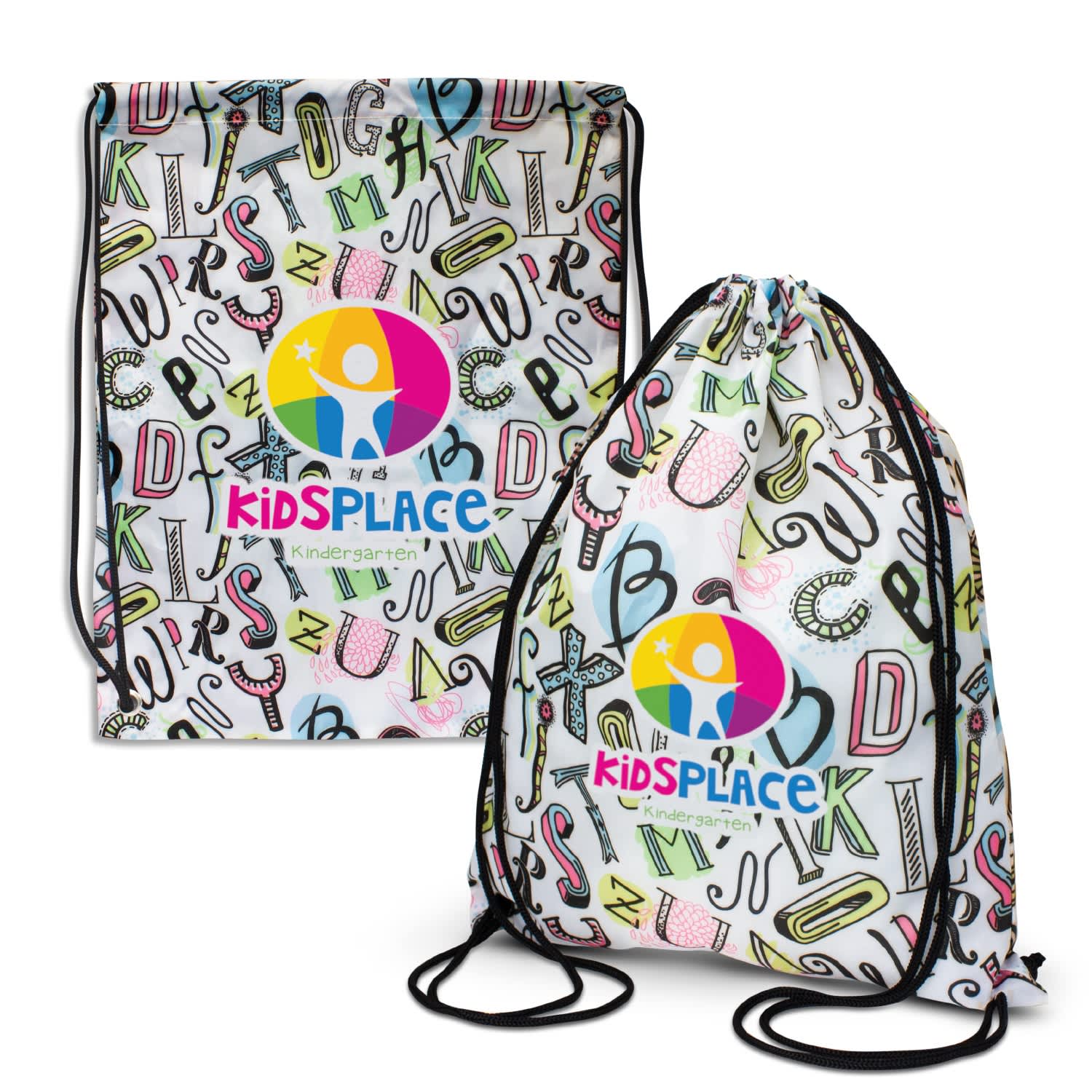 A drawstring backpack featuring a colourful design with letters and illustrations, and a logo on the front. Akron Drawstring Backpack - Image 1