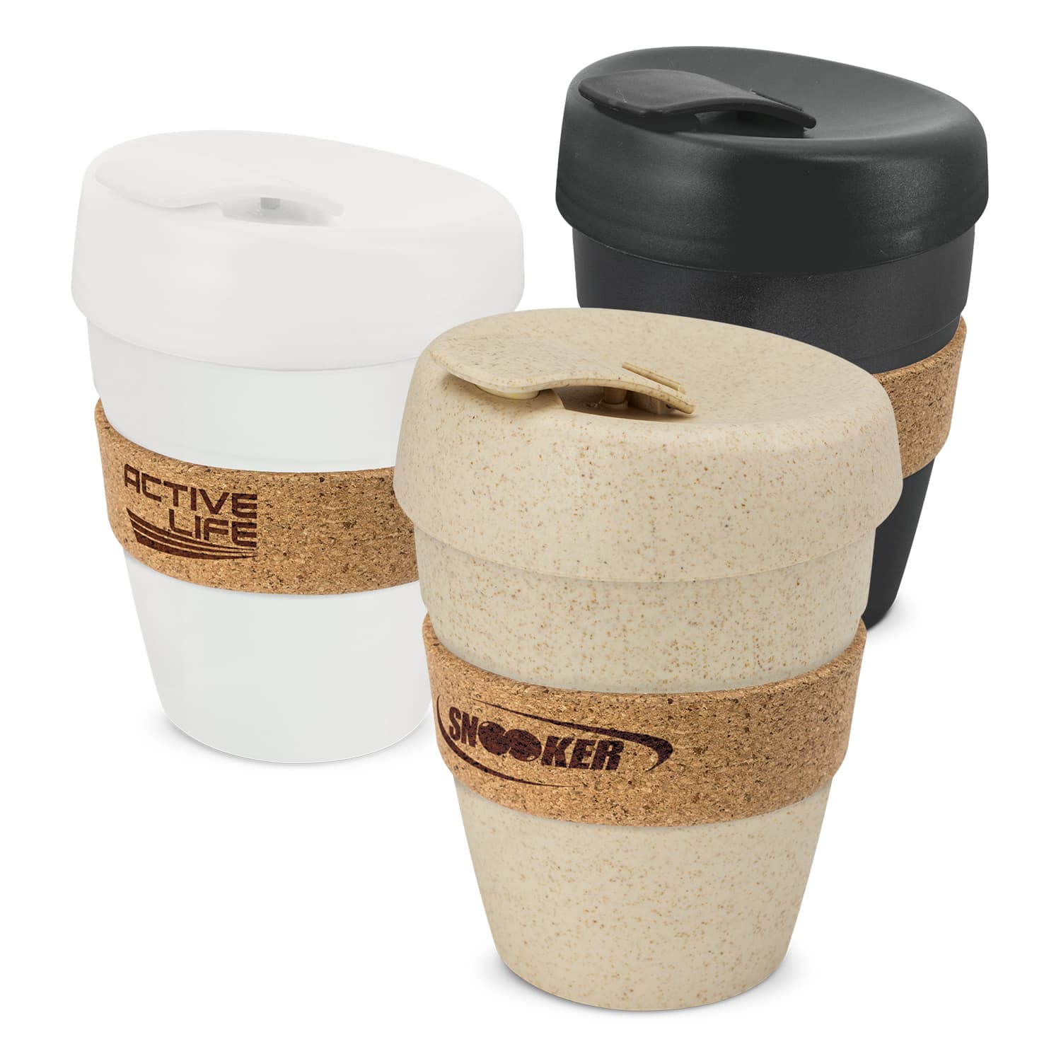 A drink bottle set featuring a white, a black, and a beige cup, all with cork bands and lids. Each cup has a logo. Express Cup Deluxe - Cork Band - Image 1