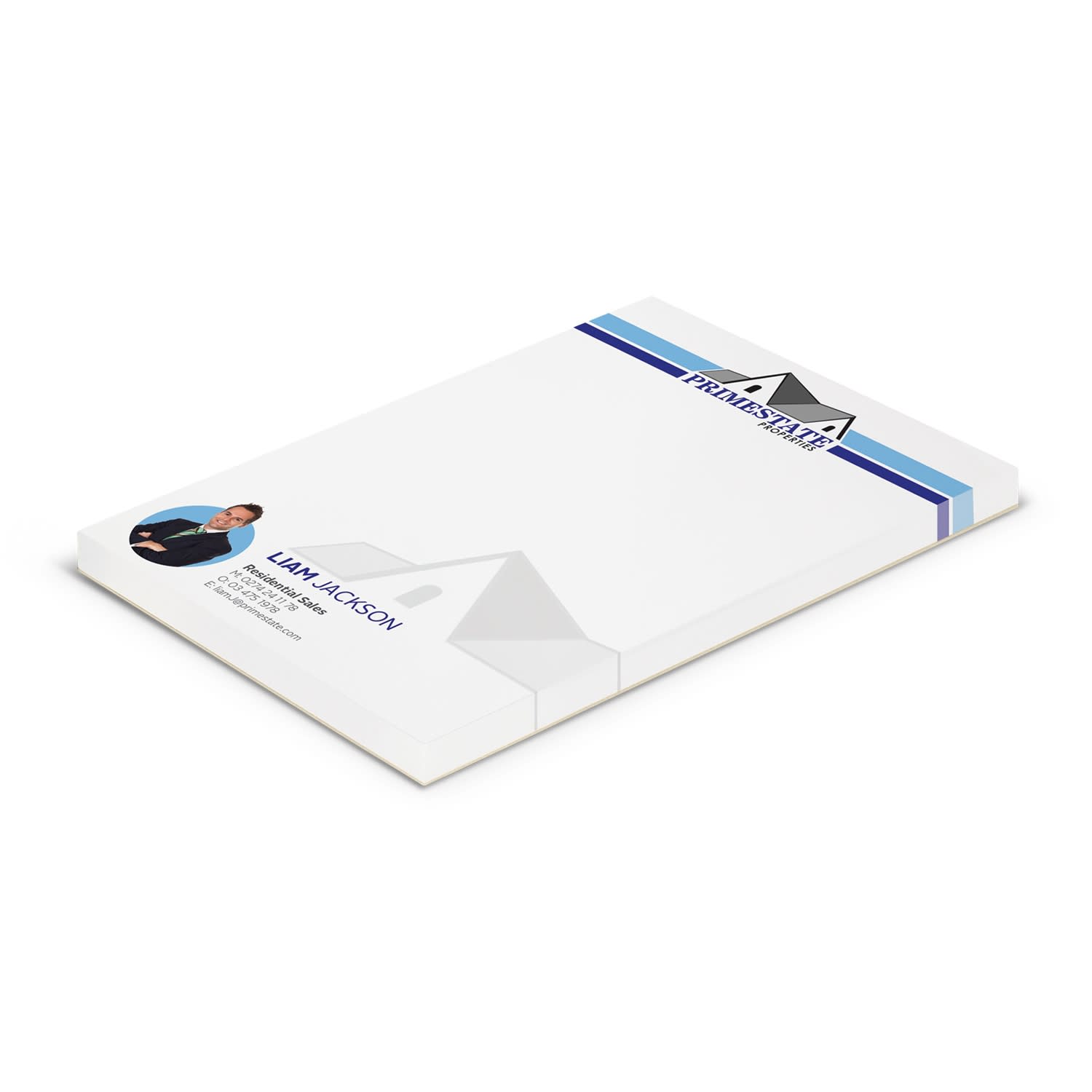 A7 note pad featuring 50 leaves, predominantly white with a blue and grey design and a logo on the top. A7 Note Pad - 50 Leaves - Image 1