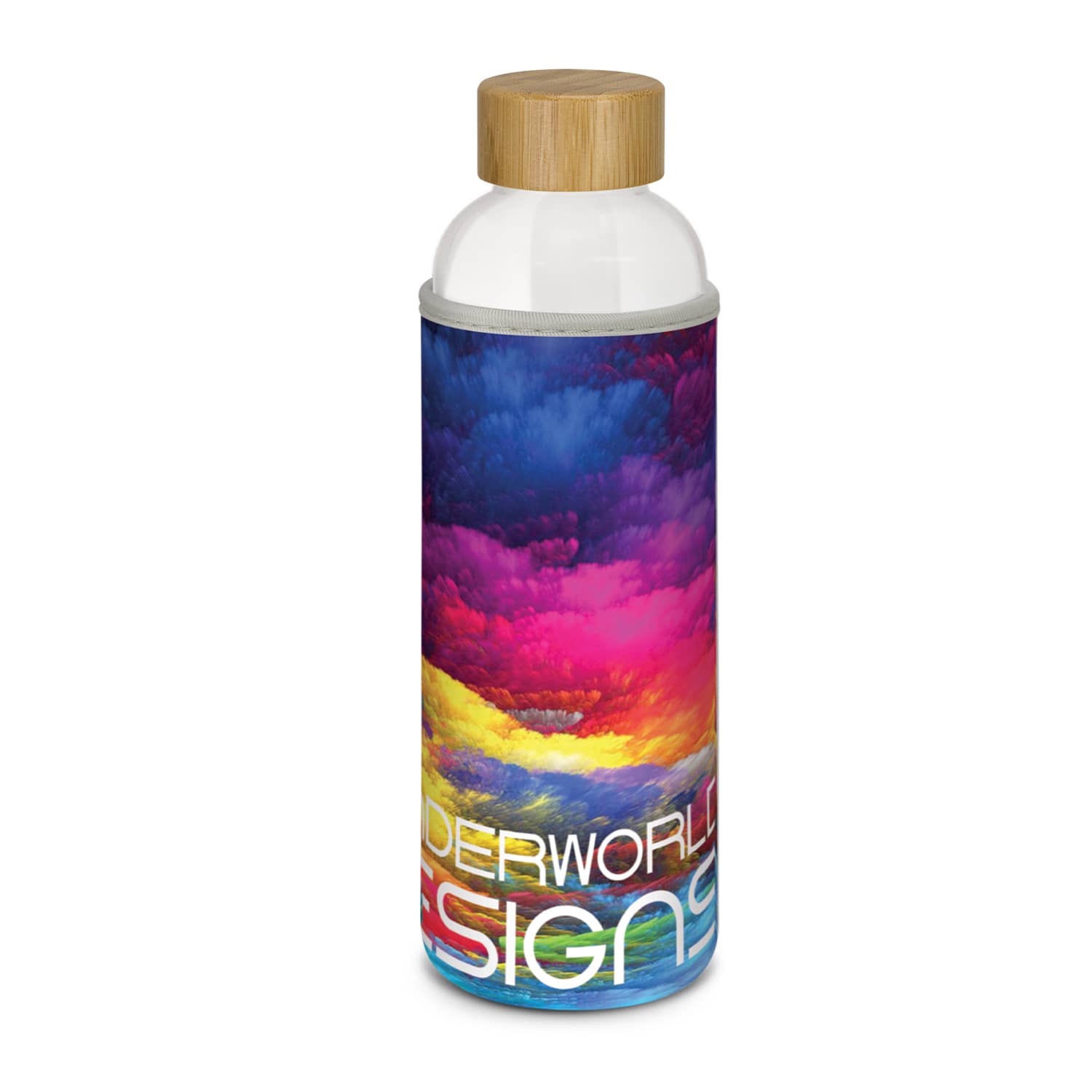 A drink bottle with a full-colour design featuring vibrant hues of pink, purple, blue, and yellow, topped with a bamboo lid. Eden Glass Bottle - Full Colour - Image 1