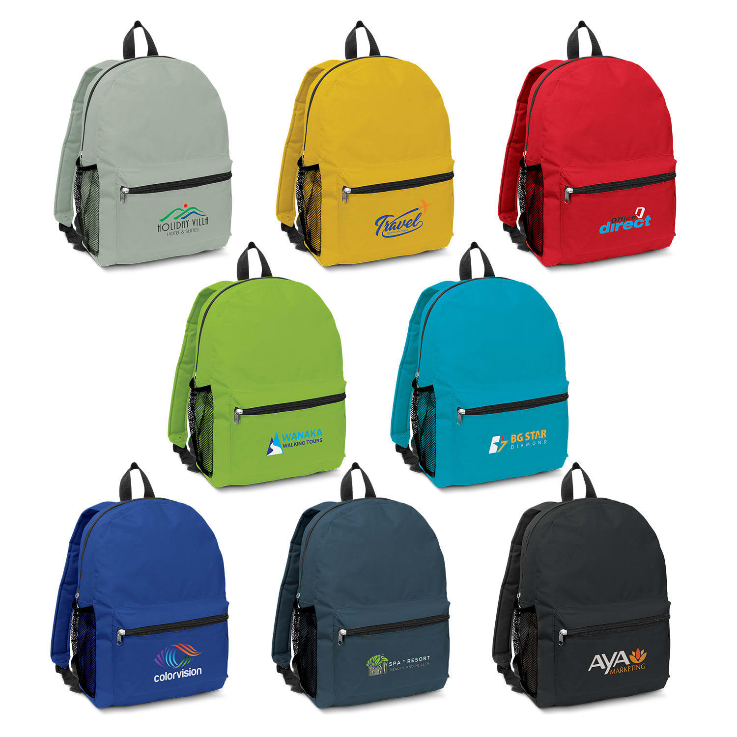 A collection of eight backpacks in various colours, featuring logos on the front pocket. Scholar Backpack - Image 1